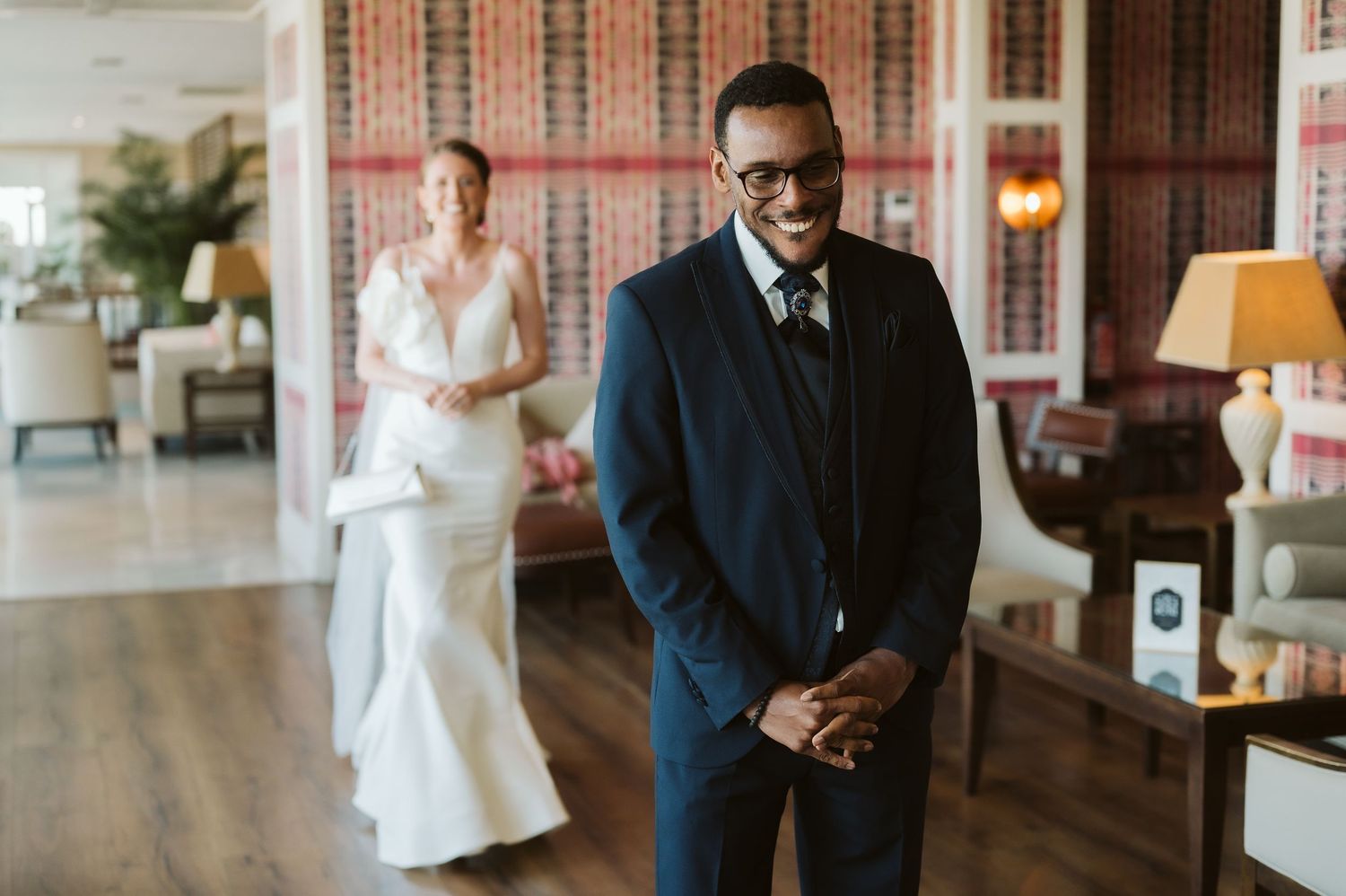 groom waiting for the bride to arrive for the first look at the Rock Hotel