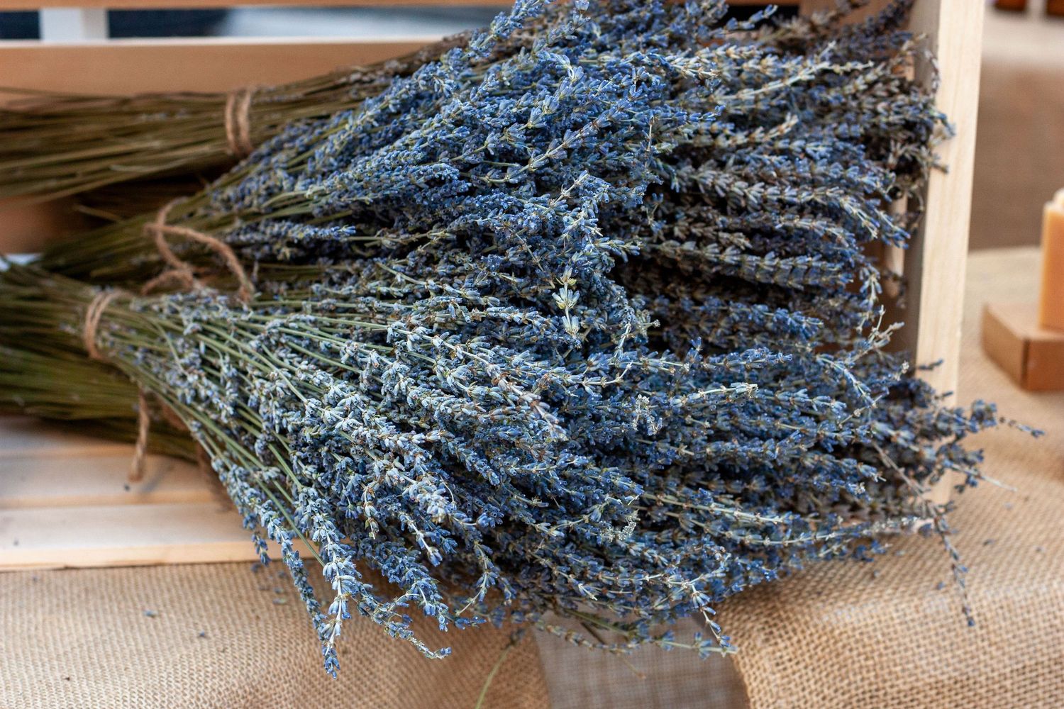 Dried lavender bundles tied with twine resting on a wooden crate and burlap surface at a market.