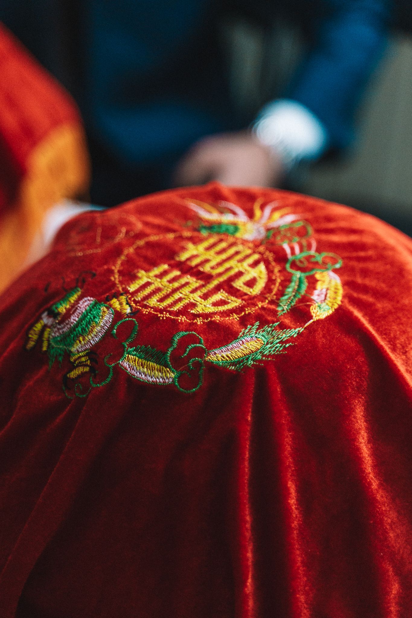 Close-up detail of red velvet fabric with ornate gold and green embroidery.