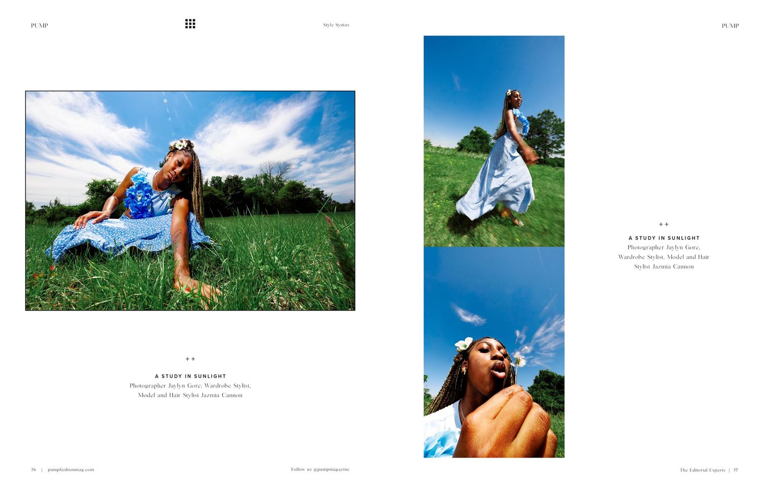 Woman in blue floral dress poses in lush green field under bright blue sky with dramatic wide-angle perspective.