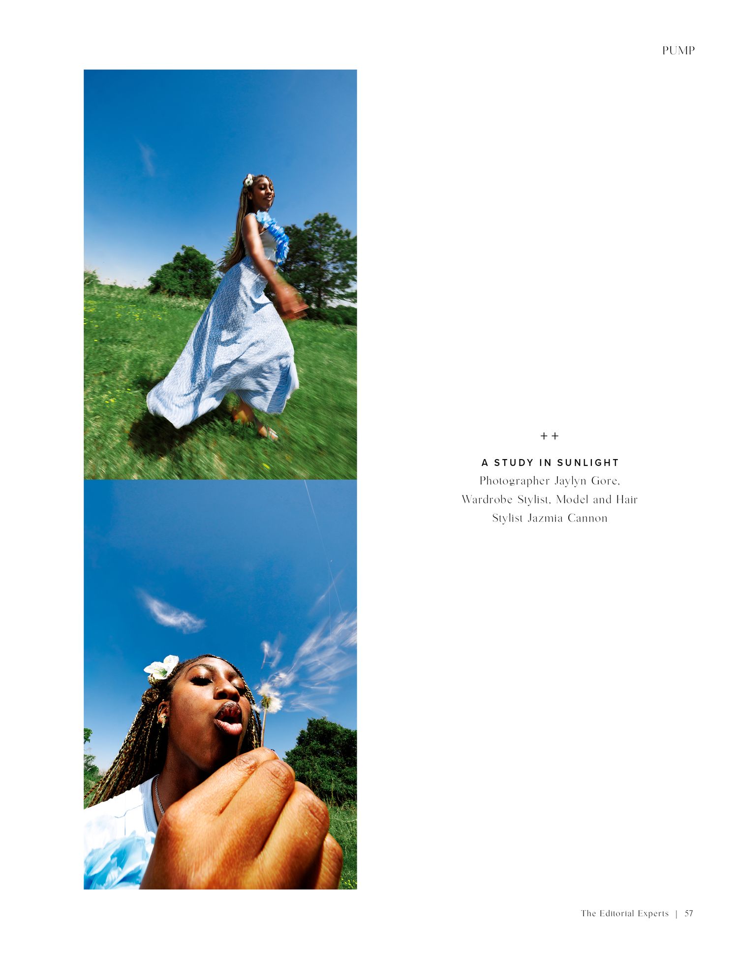 A Black woman in a flowing white dress runs through a sunny green field, with a second photo showing her blowing a kiss.