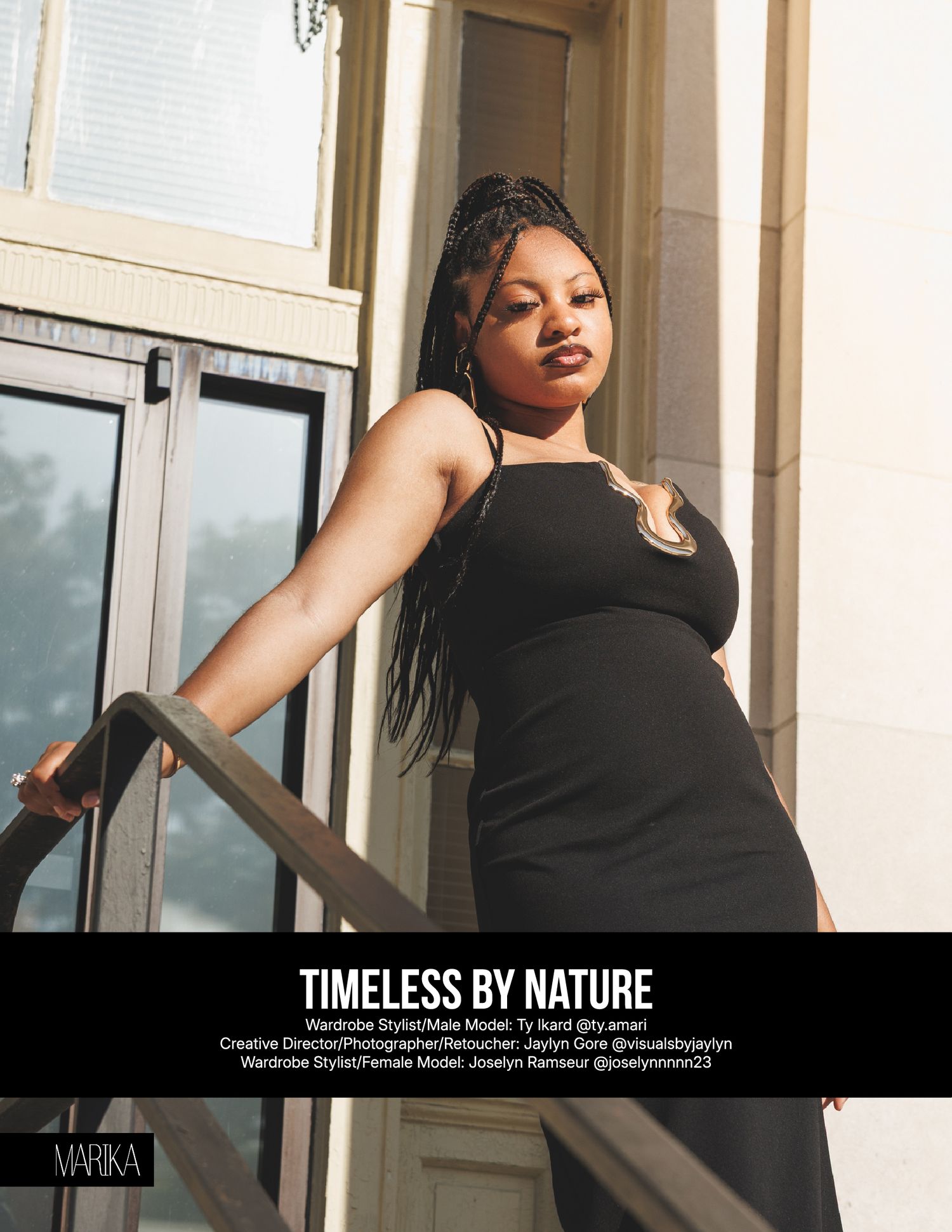 A woman in a black dress poses on stairs in a fashion editorial titled Timeless by Nature for Marika Marina magazine.