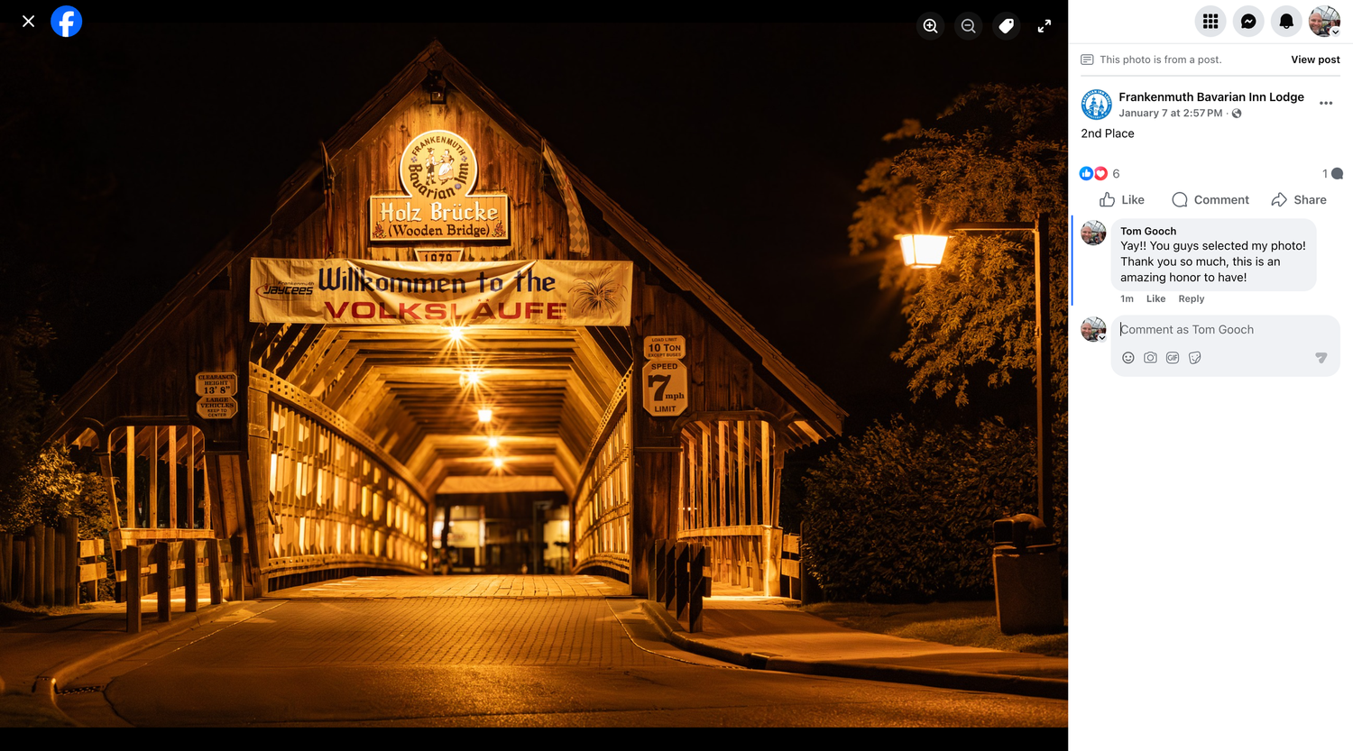 The iconic Covered Bridge - Frankenmuth.  Bavarian Inn Lodge's 2025 Photo contest -2nd Place.