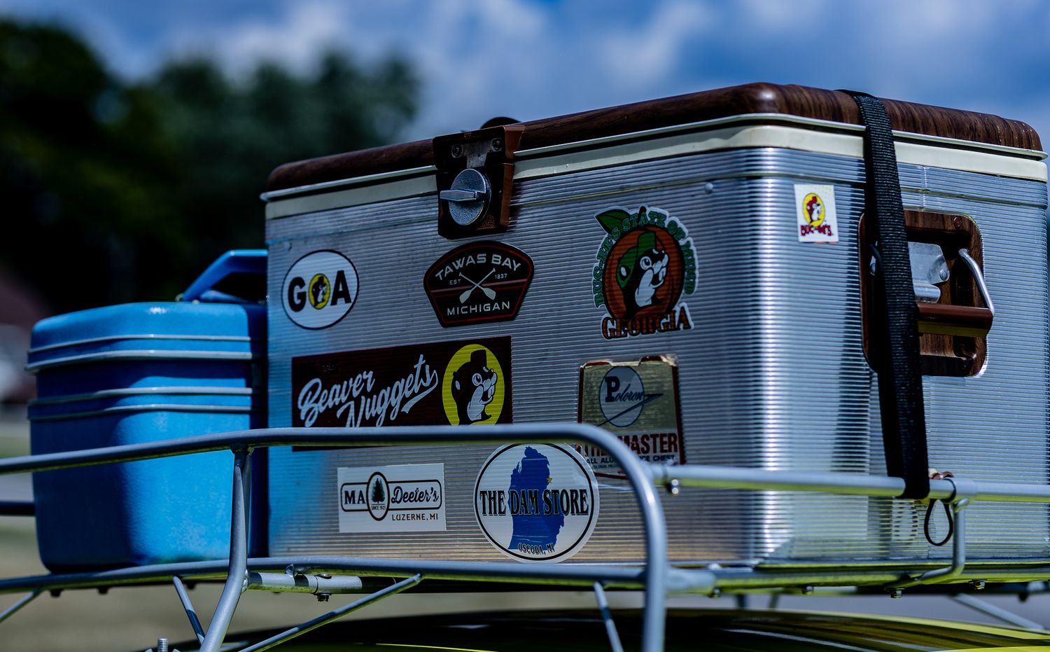 Accessories on a luggage rack on a vintage Volkswagen Beetle