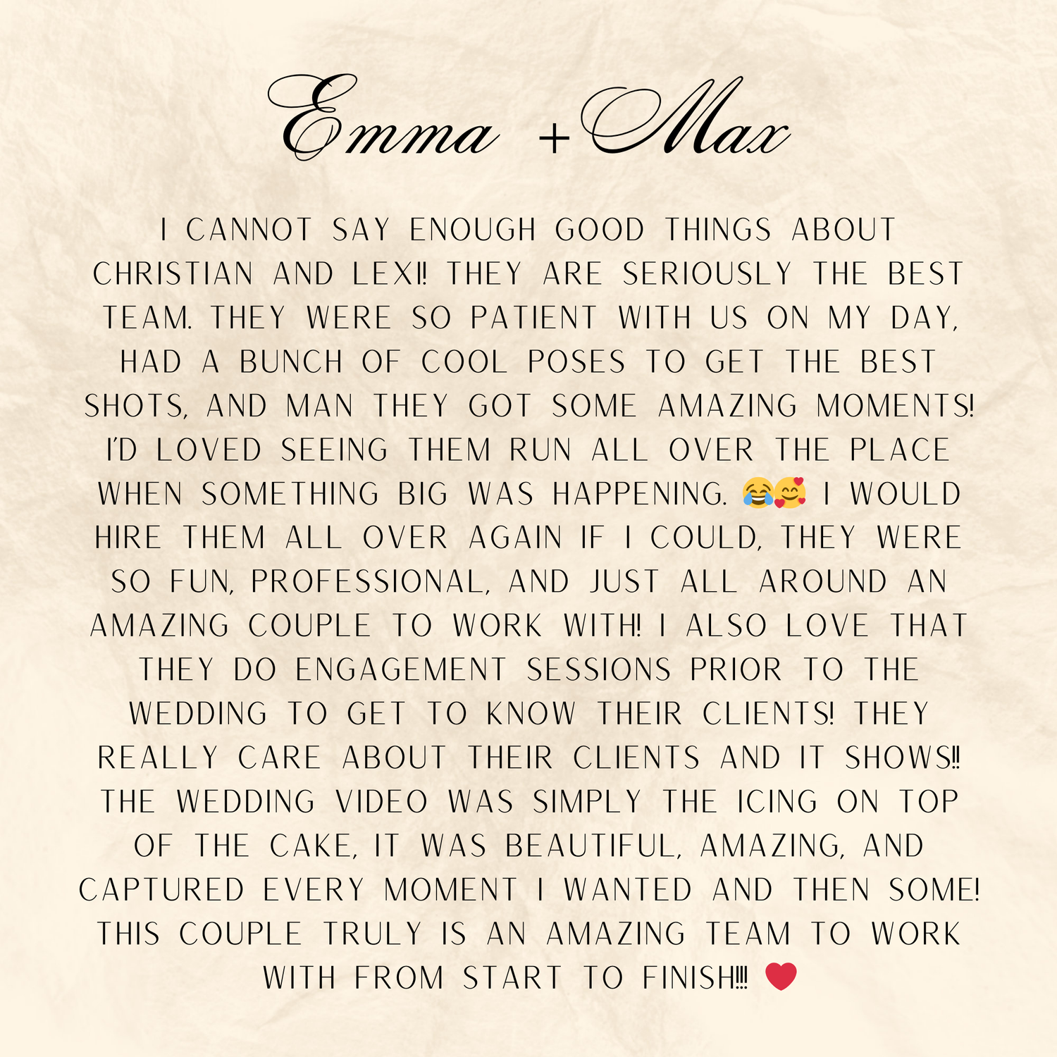 A wedding client review with script header sharing positive feedback about photography services.