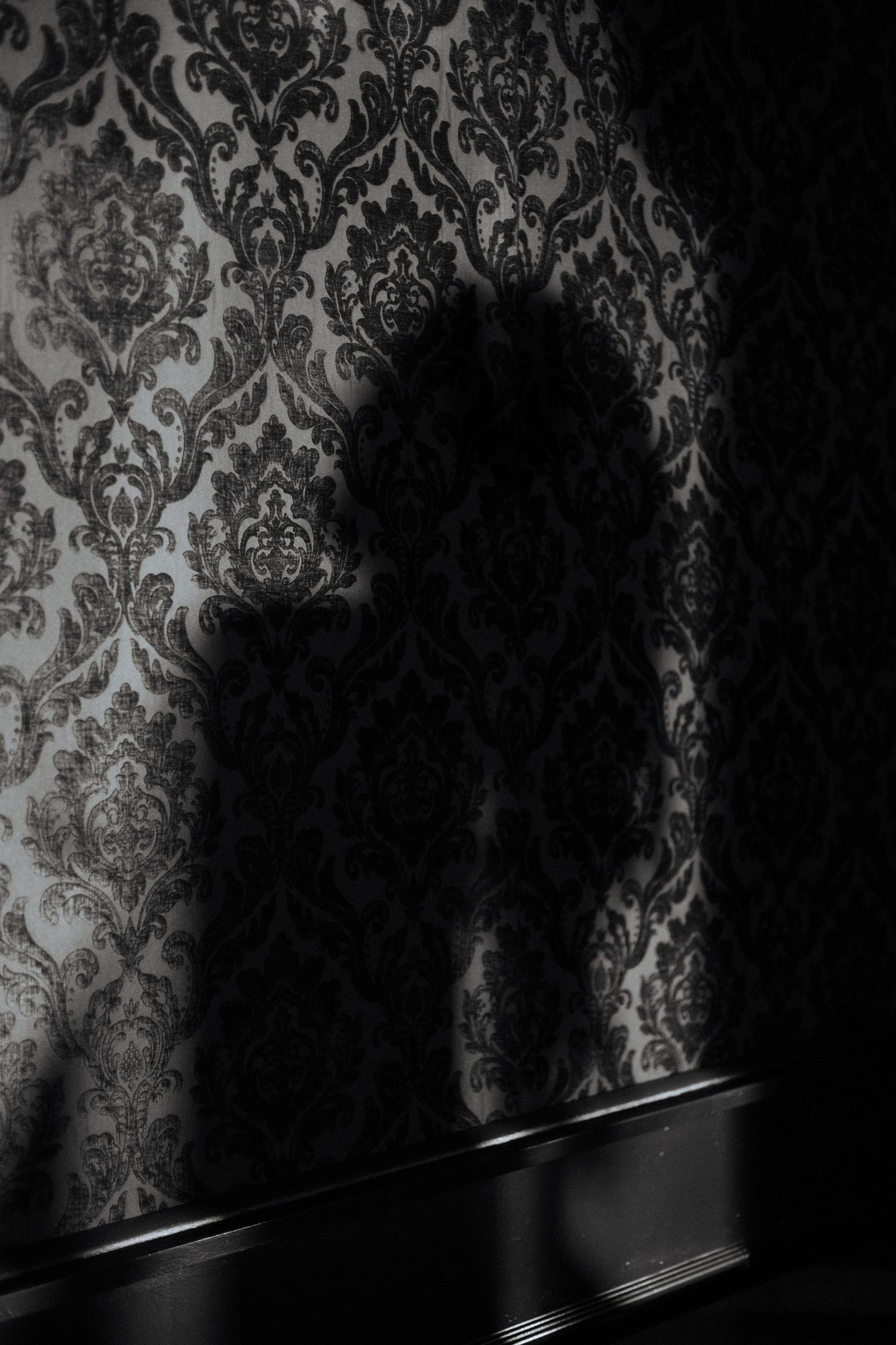 A dark silhouette against a black and white damask wallpaper pattern creating a moody atmospheric effect.