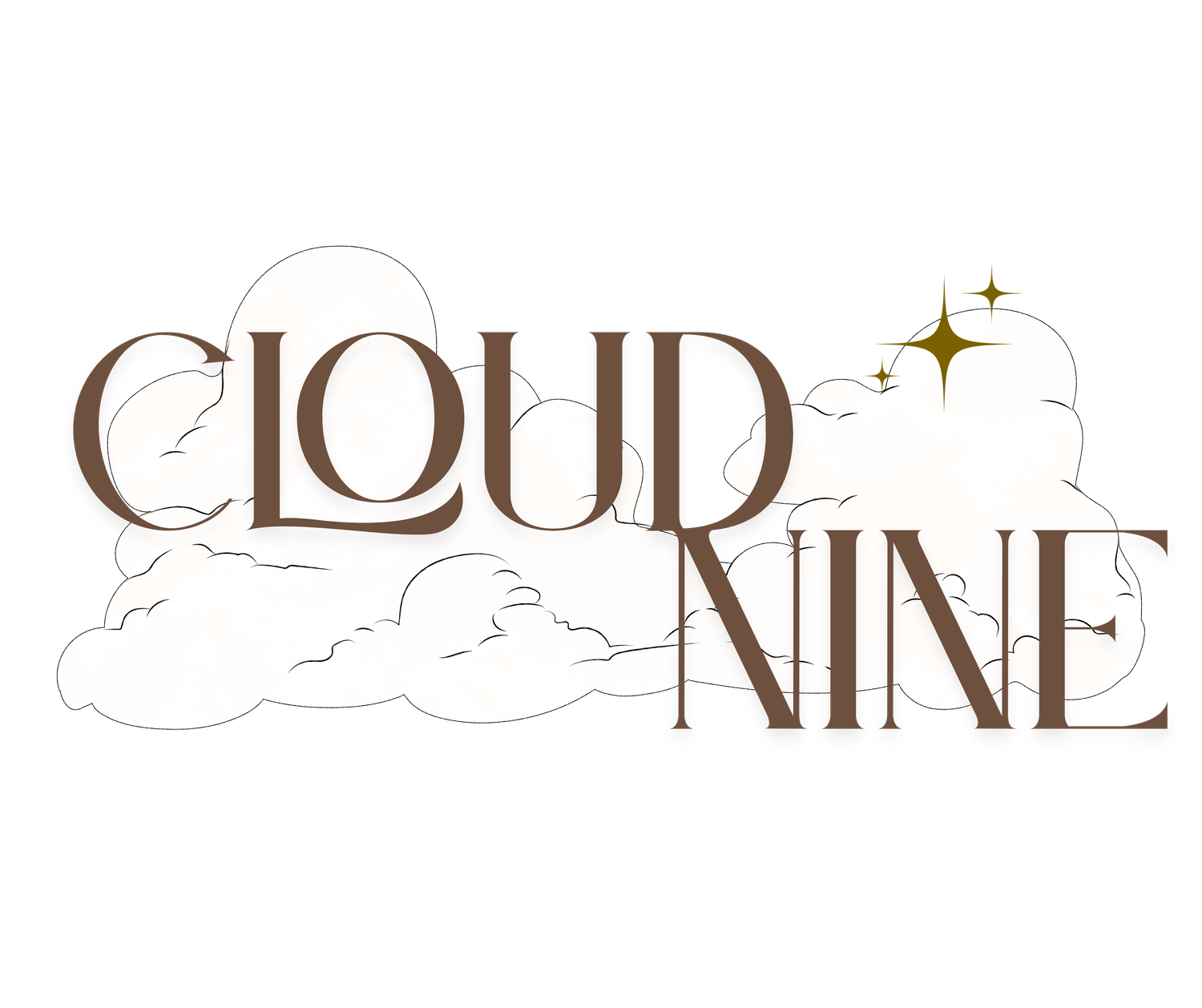 A decorative logo design for 'Cloud Nine' with brown text and stylized cloud and star elements.