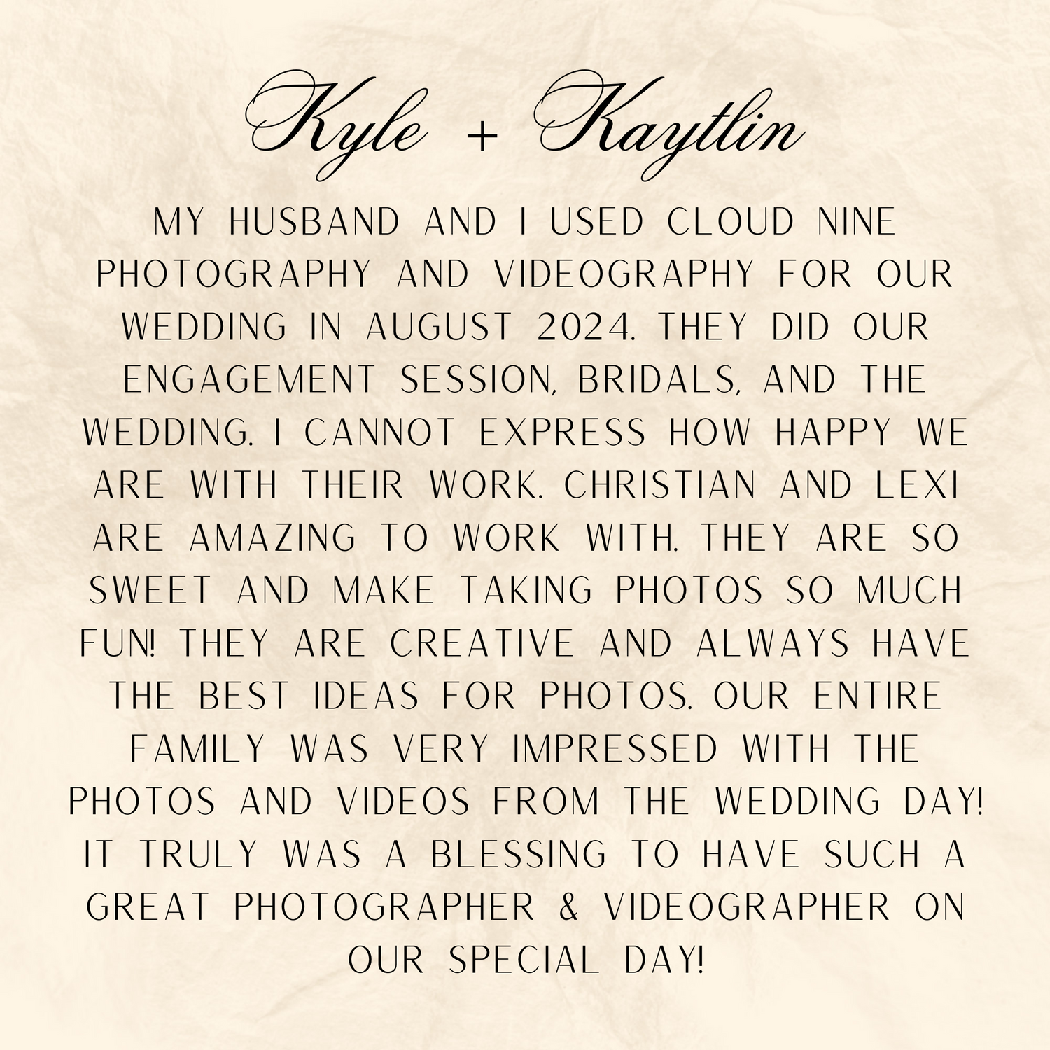 Handwritten wedding testimonial for Kyle and Kaylin praising their photographers' work at an August 2024 wedding.