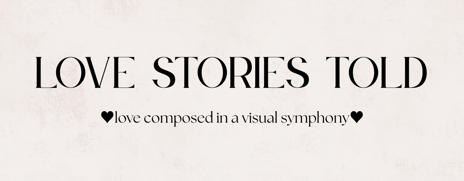 Minimalist text design in gray displaying 'Love Stories Told' with a heart symbol and subtitle.