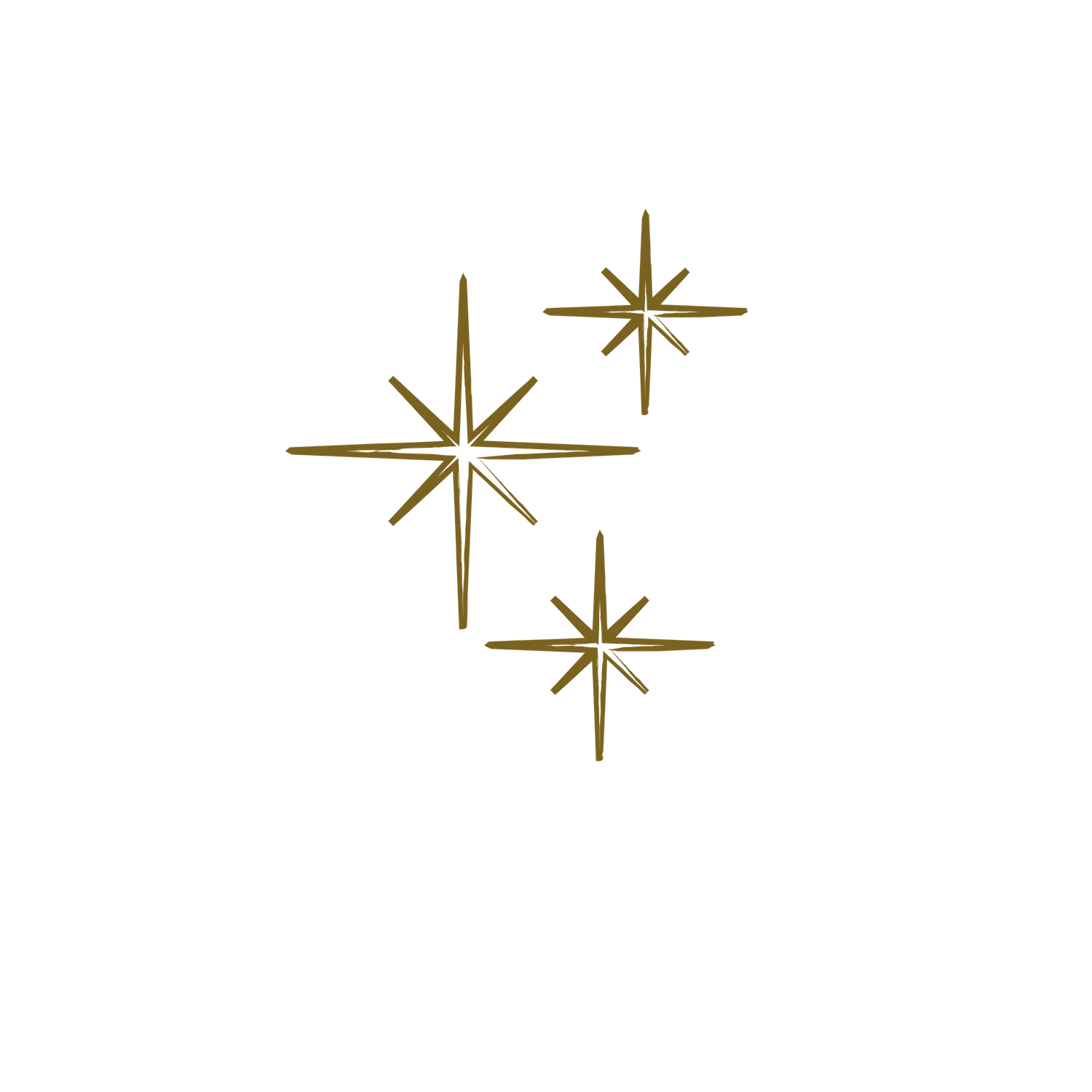 Gold decorative star shapes and sparkles arranged on white background.
