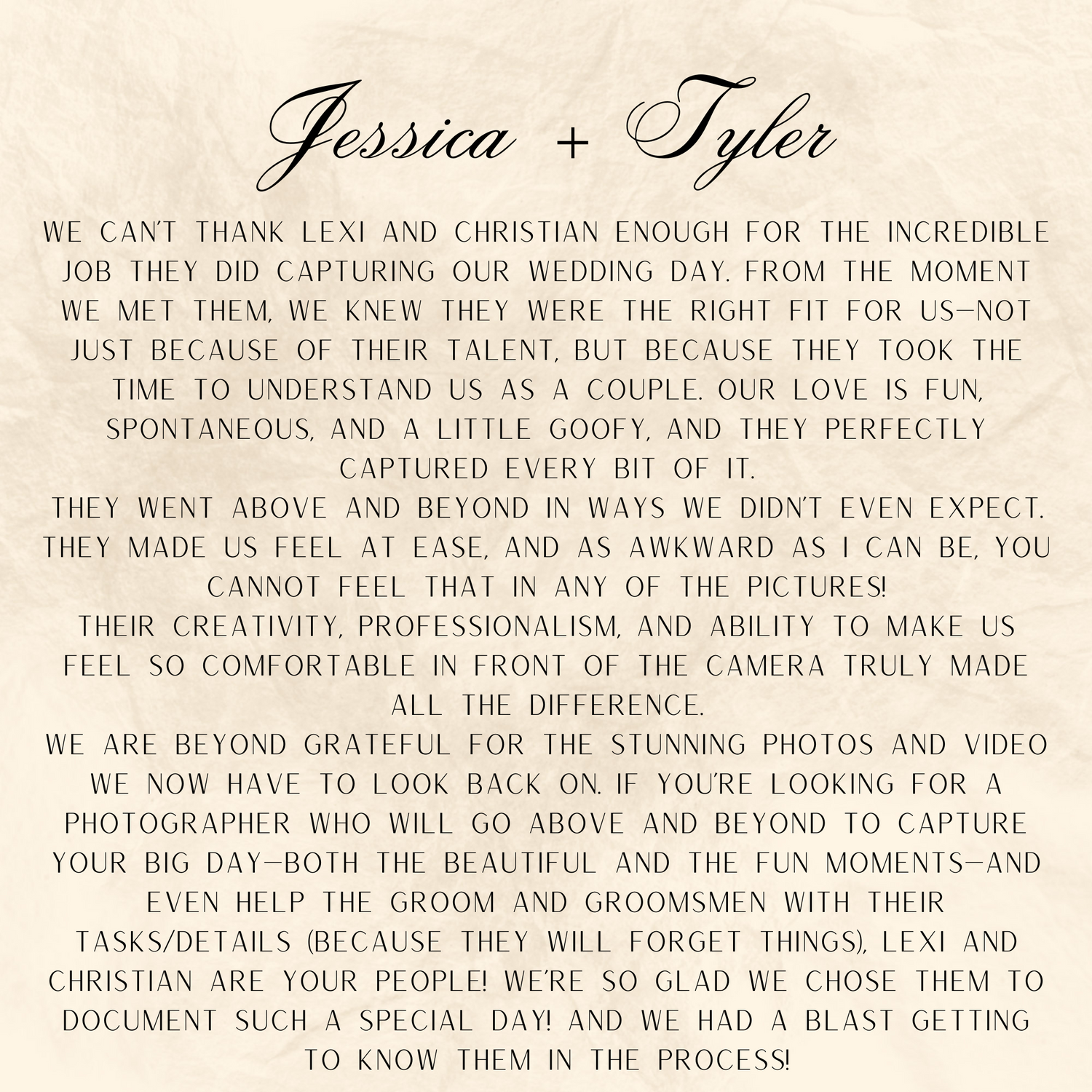 A handwritten note expressing gratitude to photographers Levi and Christian for capturing wedding day moments.