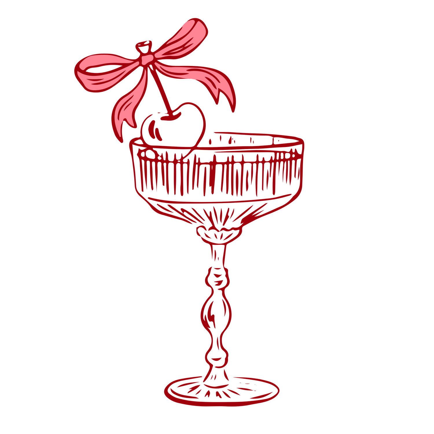 Red line drawing of a vintage cocktail glass with a decorative stem and cherry garnish tied with a bow.