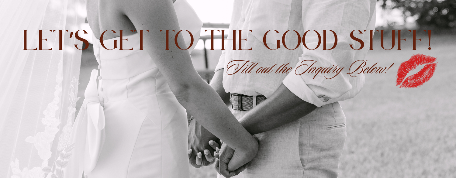 A cinematic collage in black and white showing intimate wedding moments and romantic couples embracing.