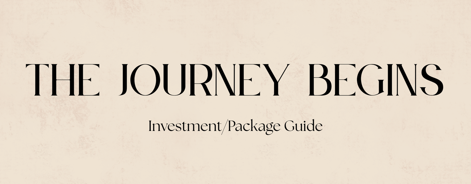 Elegant text reading 'The Journey Begins' with 'Investment Packages Guide' in minimal beige tones.