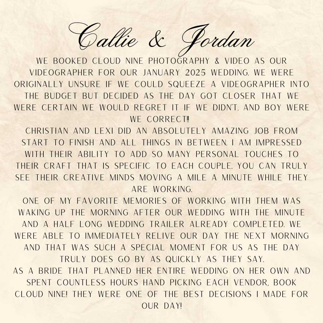 A vintage-style text message printed in elegant script font expressing gratitude for wedding photography services.