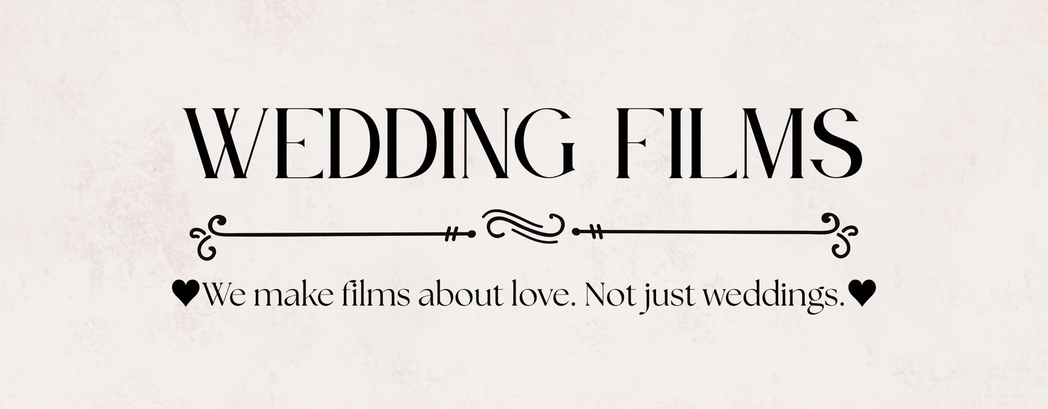 A vintage-style wedding films logo text design with ornate decorative swirls and hearts on a beige background.