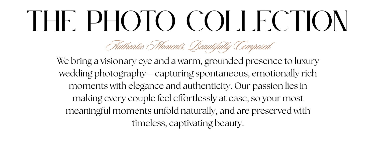 An elegant wedding photography heading in serif font overlays text about capturing meaningful memories and timeless beauty.