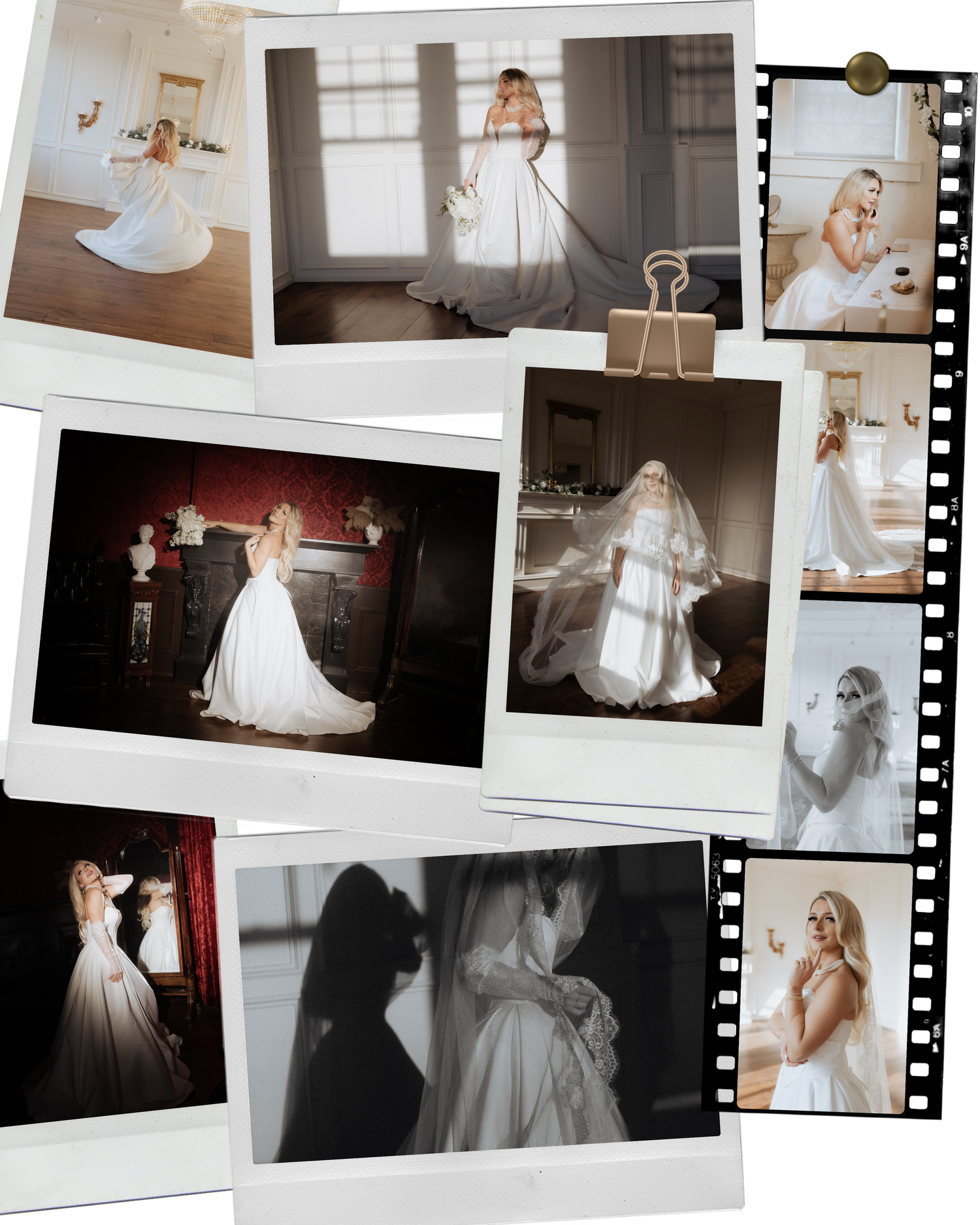 Artistic wedding photo collage showing various poses of someone in a flowing white gown in different indoor settings.