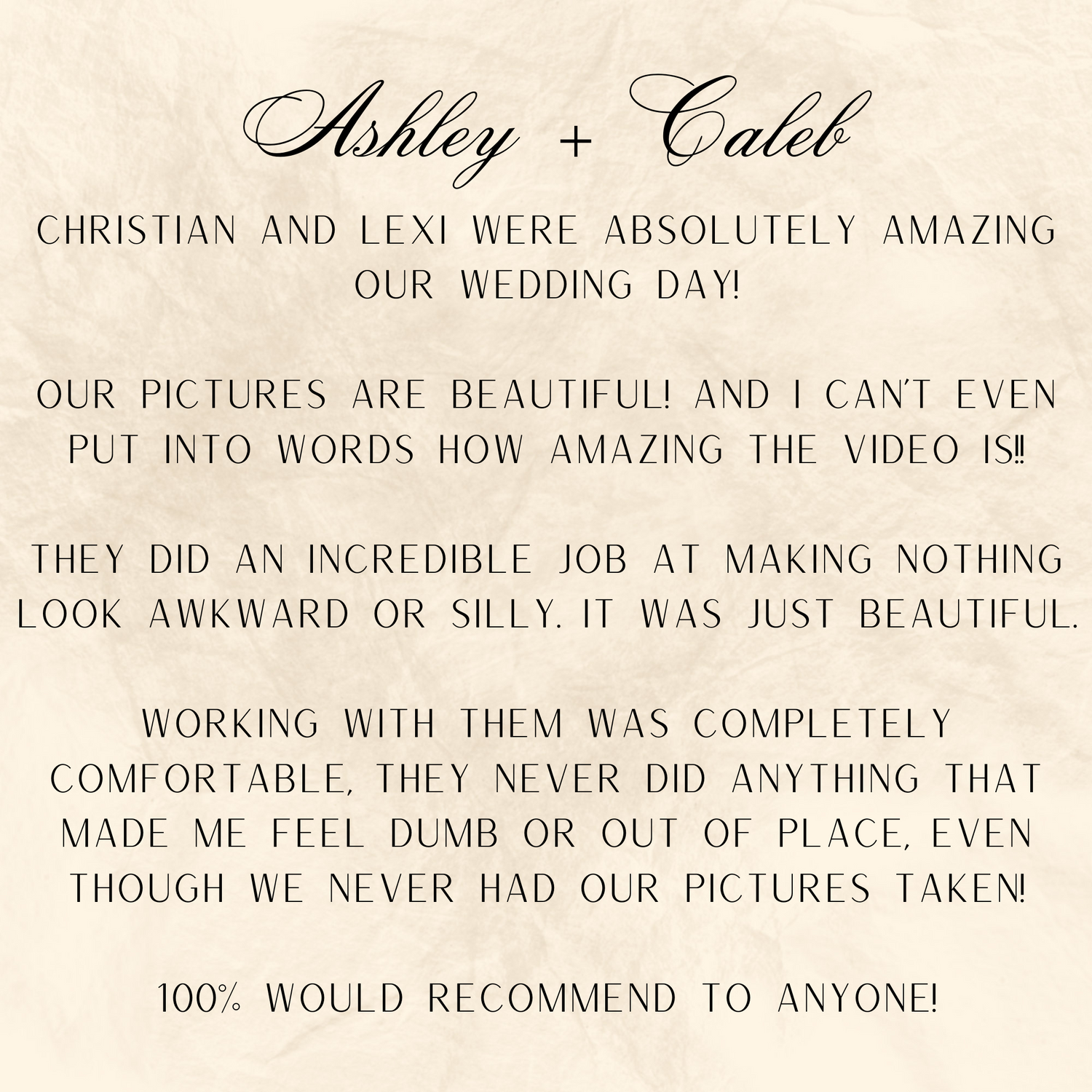 A wedding testimonial review praising photography services with elegant script heading.
