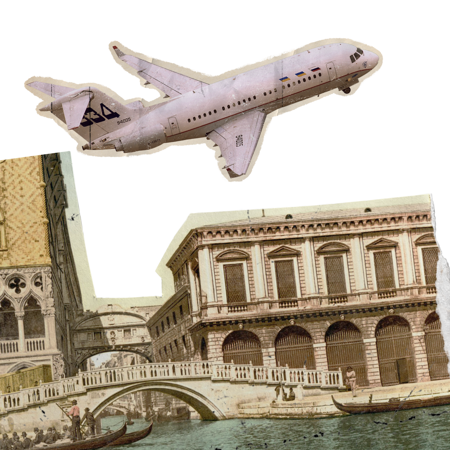 A vintage-style travel collage featuring an airplane flying over Venice architecture.