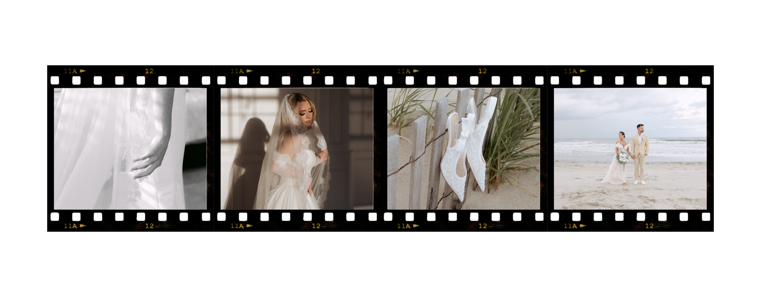Film strip showing four ethereal bridal portraits in soft white tones against neutral backgrounds.