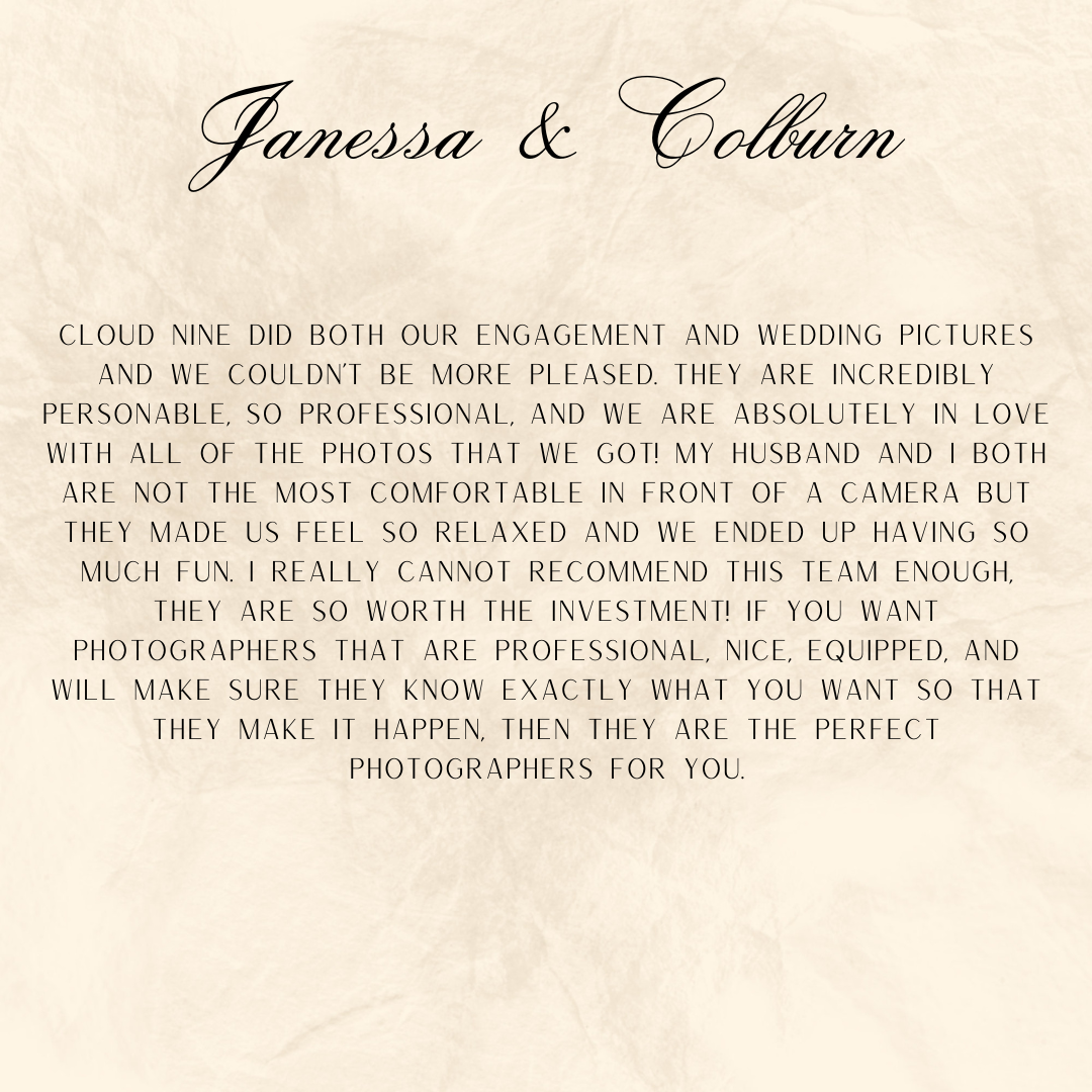 Wedding photography testimonial text in elegant calligraphy showing positive review for Vanessa and Colburn photographers.