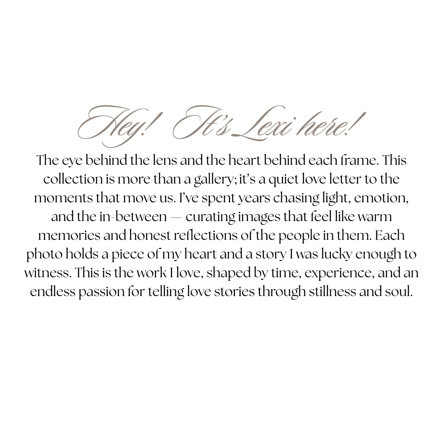Handwritten text in cursive font describes a photography collection with heartfelt memories and stories.