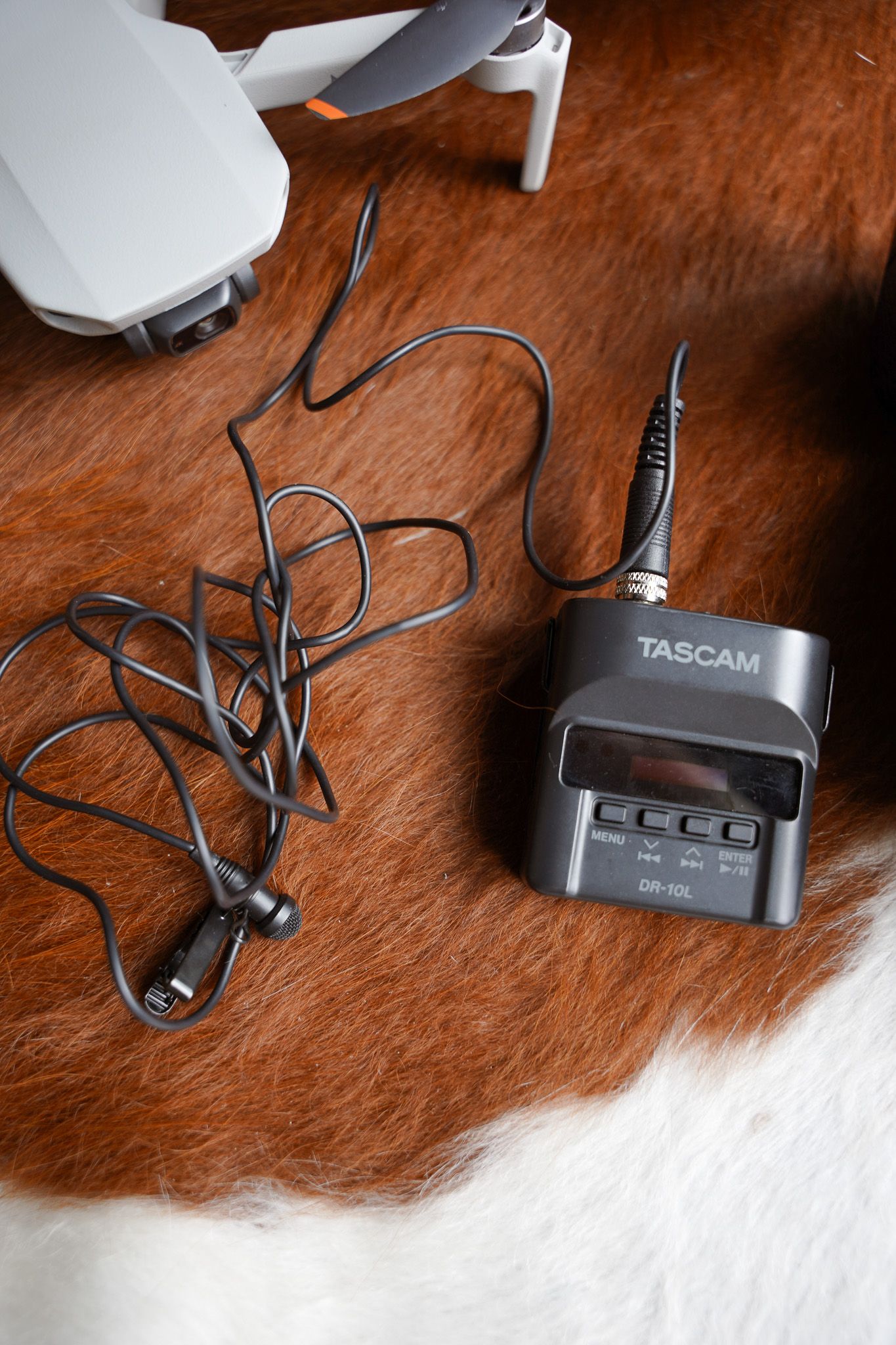 Tascam audio recorder with headphones on a brown and white fur surface.