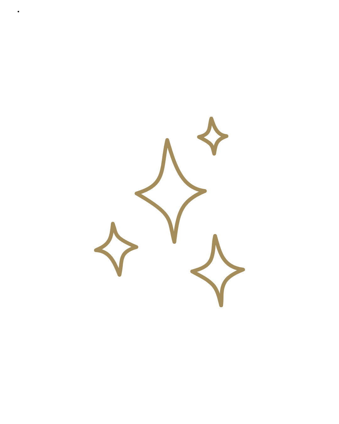 Four gold outlined sparkle stars of varying sizes arranged in a cluster on a white background, symbolizing shine, magic and cleanliness.