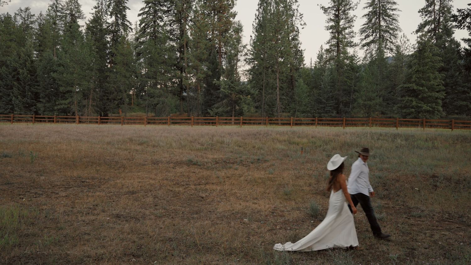 A wedding couple walks through a serene forest setting in a series of connected panoramic photographs.