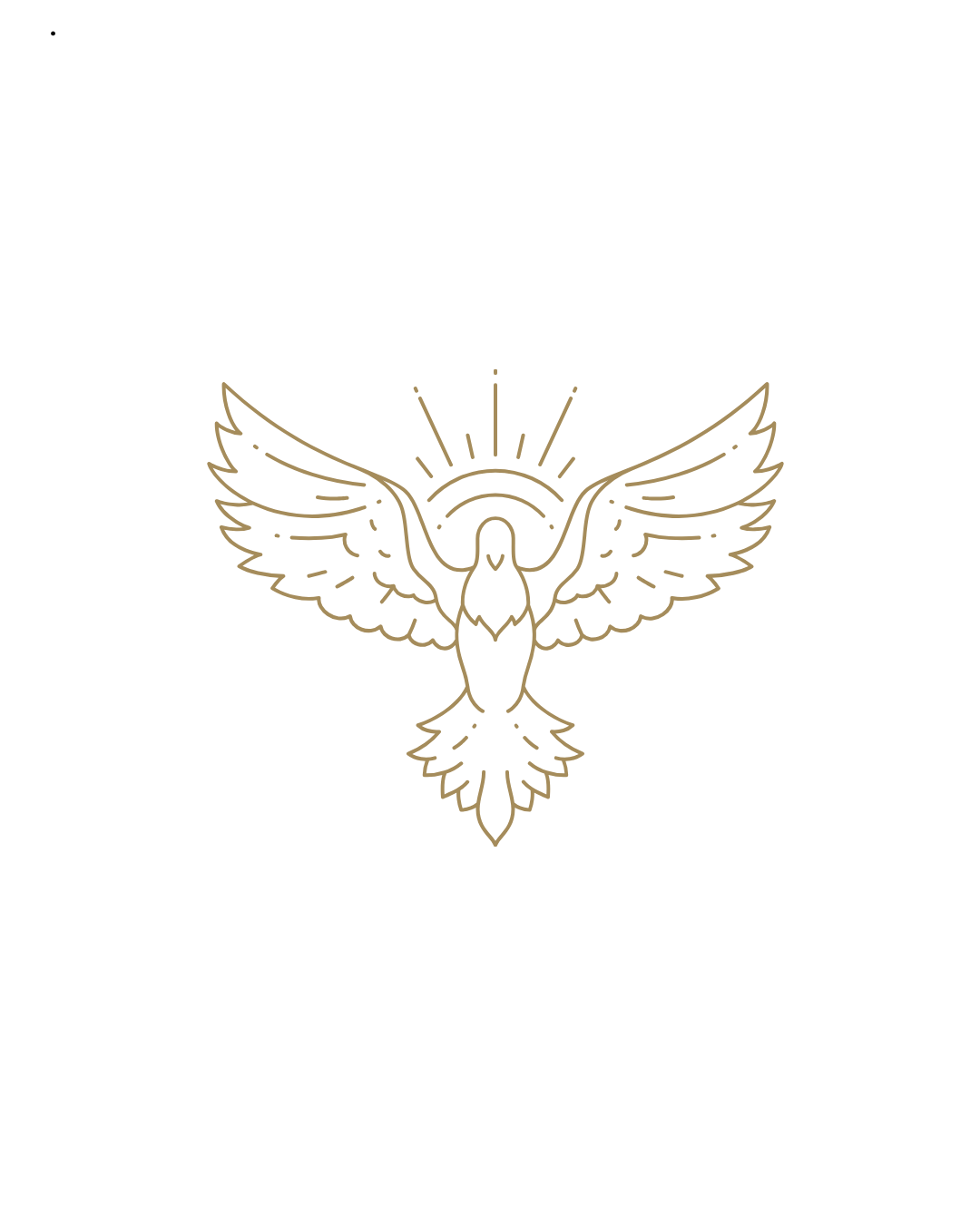 Gold line art illustration of a dove with outstretched wings and radiating sunburst rays behind its head on a white background.