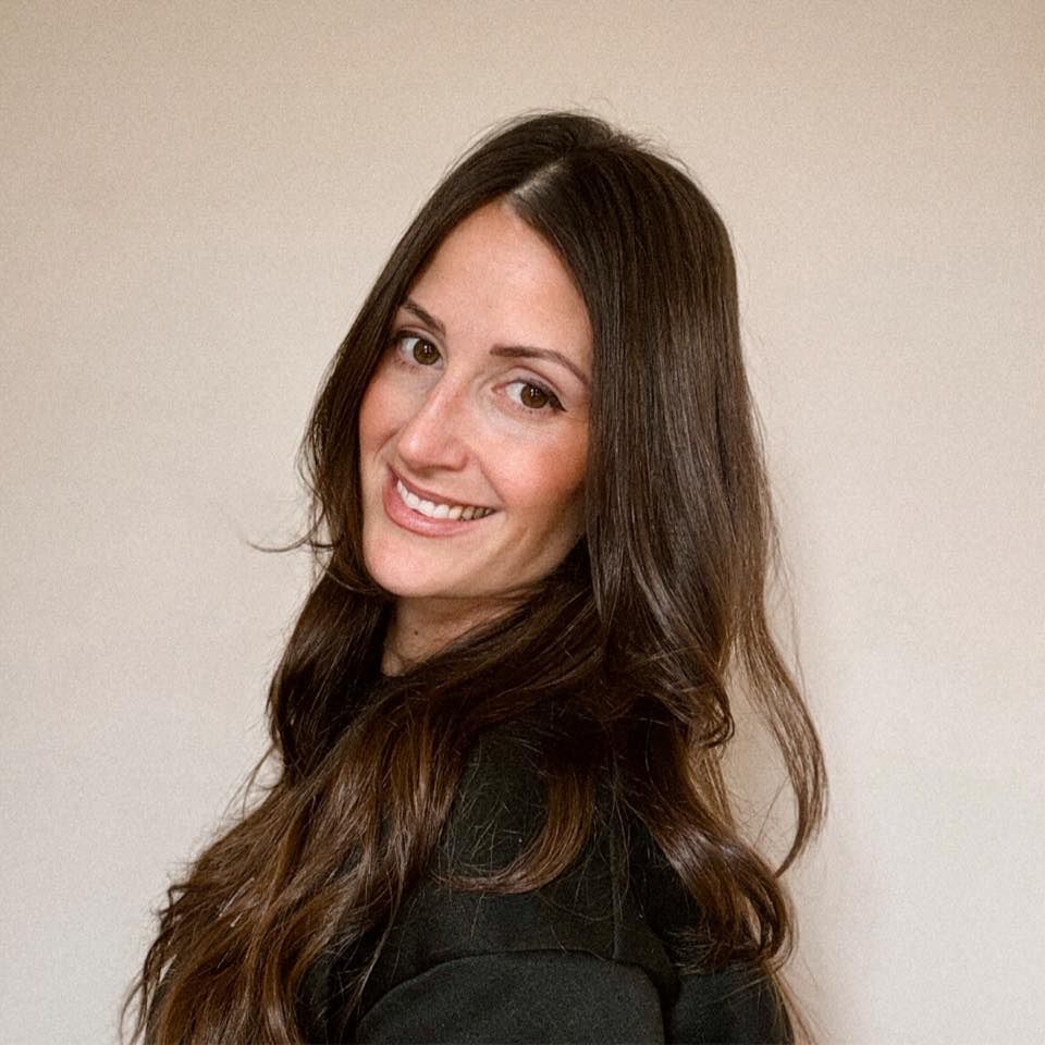 Woman with long dark hair wearing black top poses in multiple shots against light background.