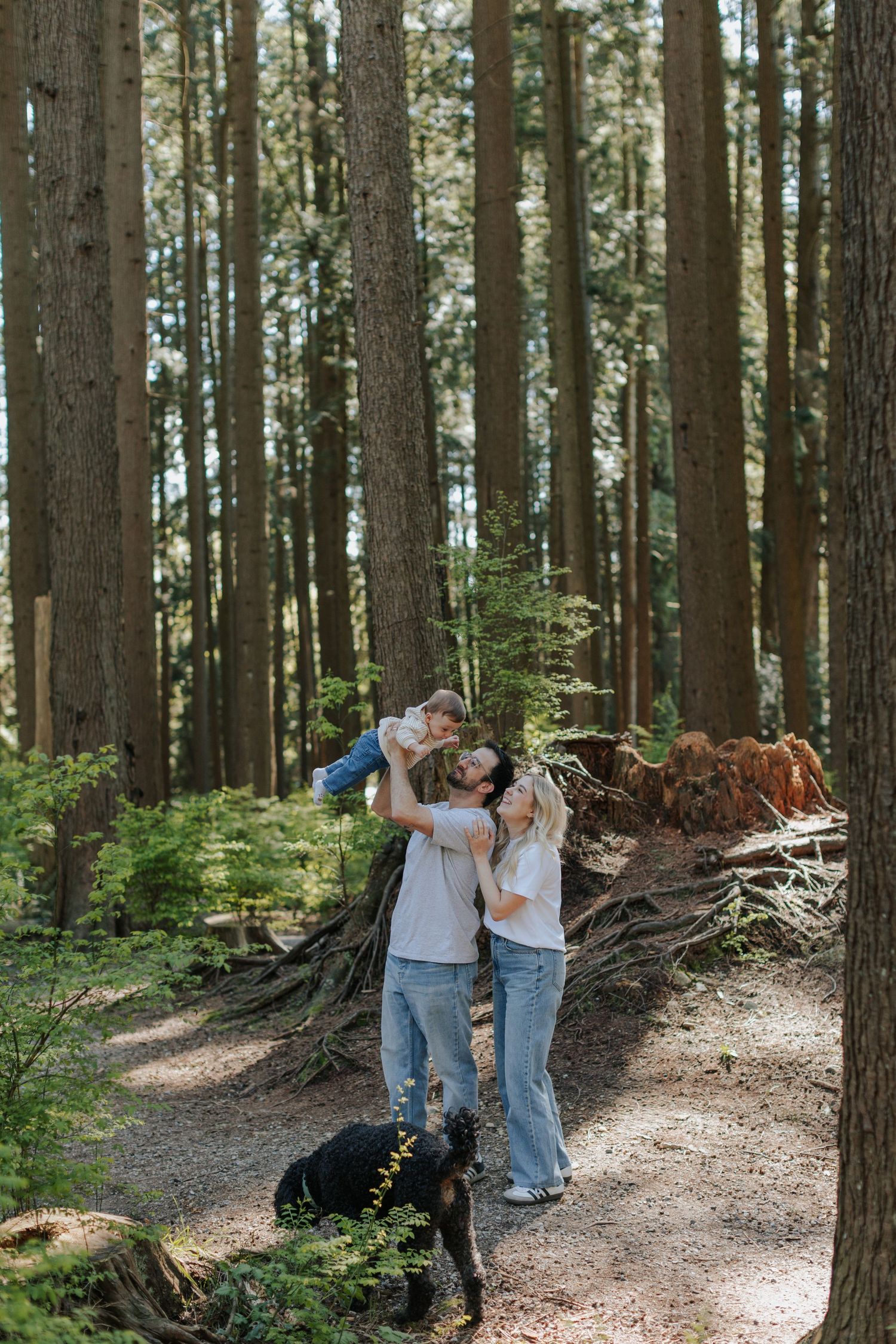 Family with baby and black dog enjoying a walk in tall pine forest on a sunny day.