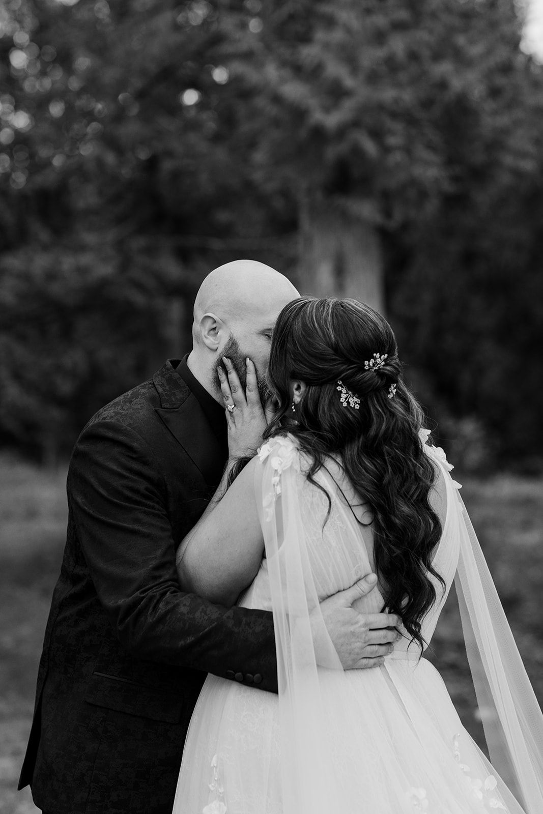 Wedding couple sharing intimate moments in a sequence of black and white photographs.