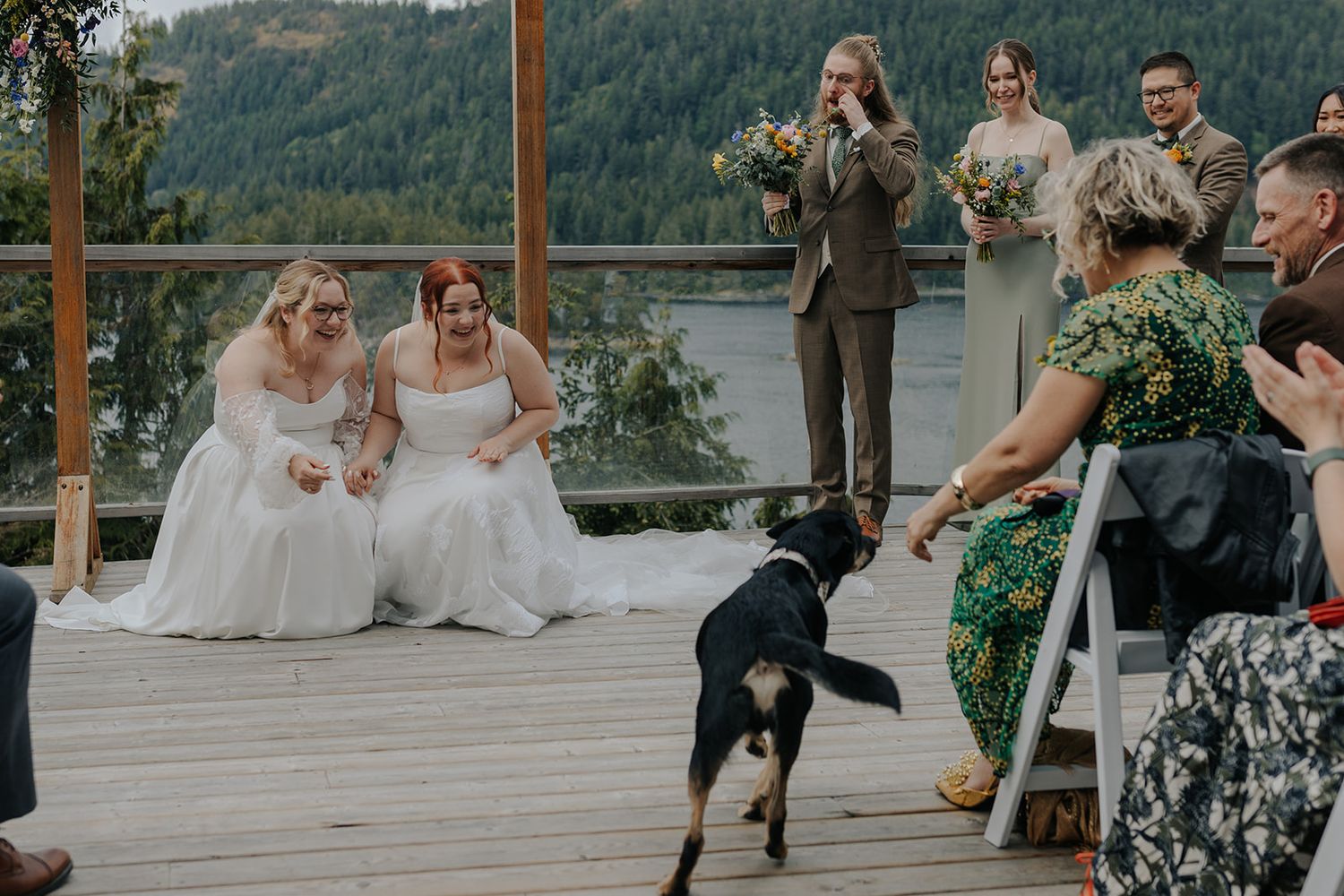 Wedding guests and dogs gather on an outdoor deck during the ceremony.