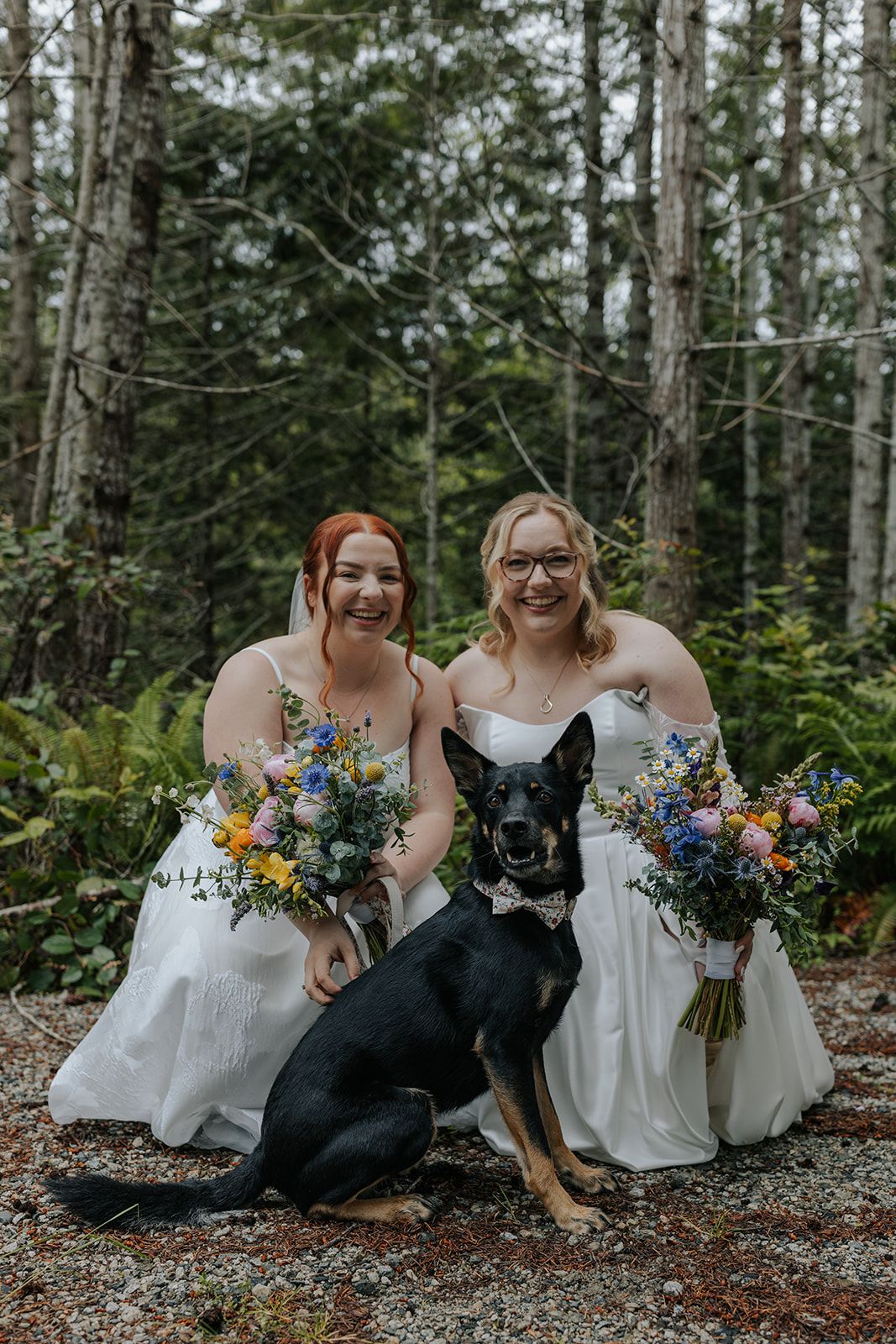 Wedding party in white dresses sitting with a black dog in a wooded area.