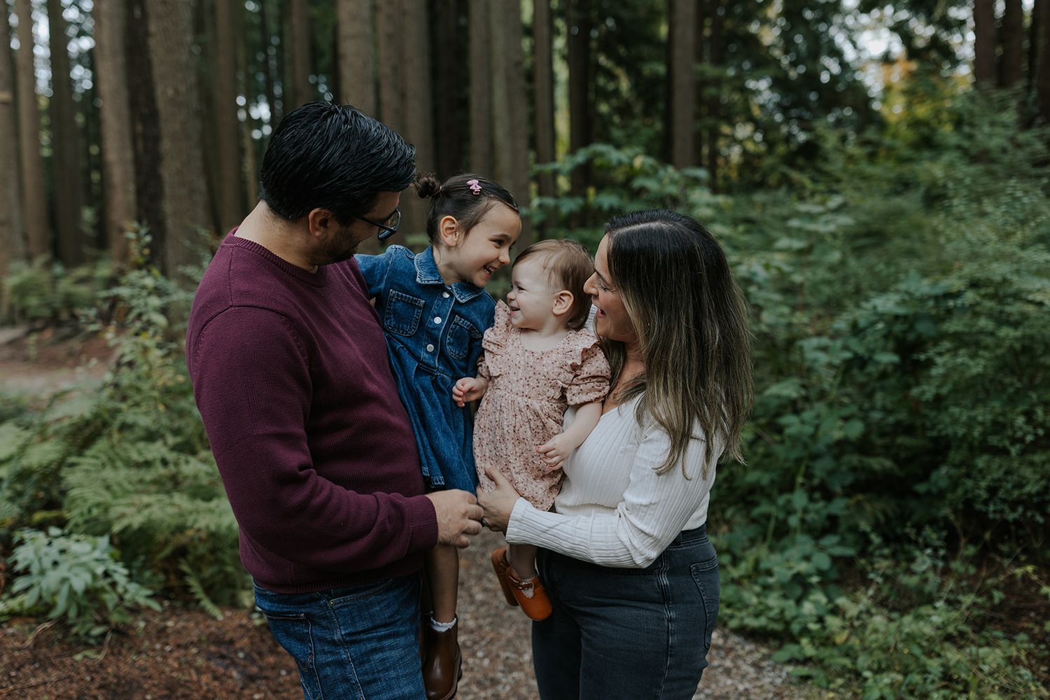 Series of intimate family interactions in a peaceful forest environment.