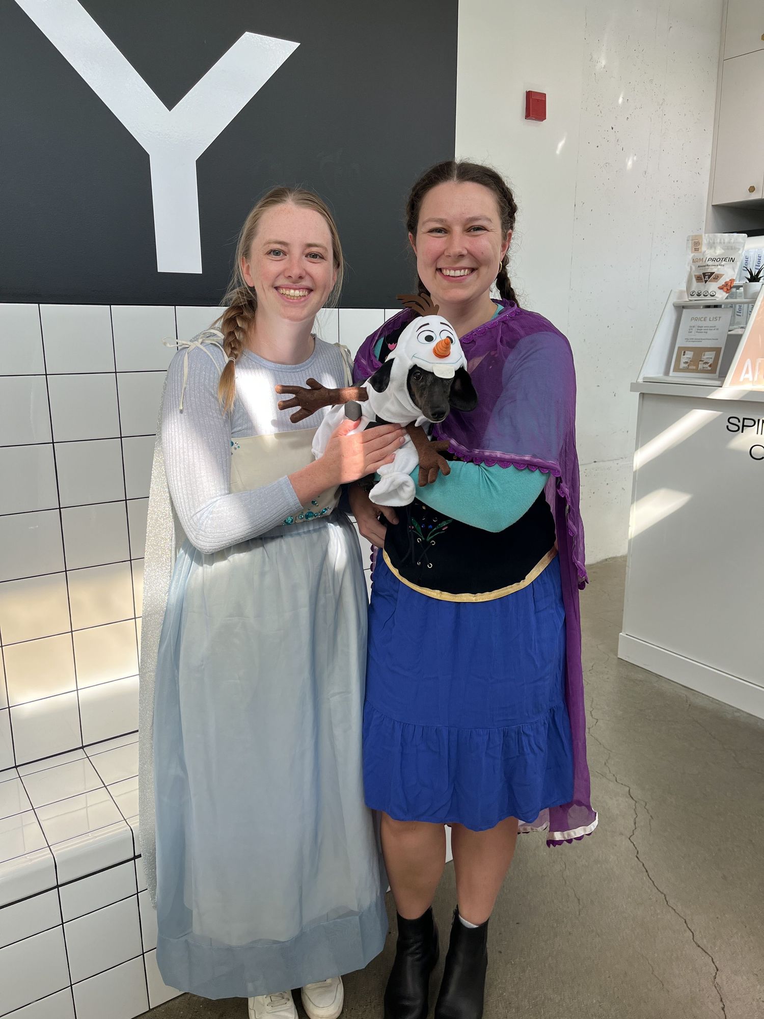 Two people pose playfully in matching Anna and Elsa costumes from Disney's Frozen.