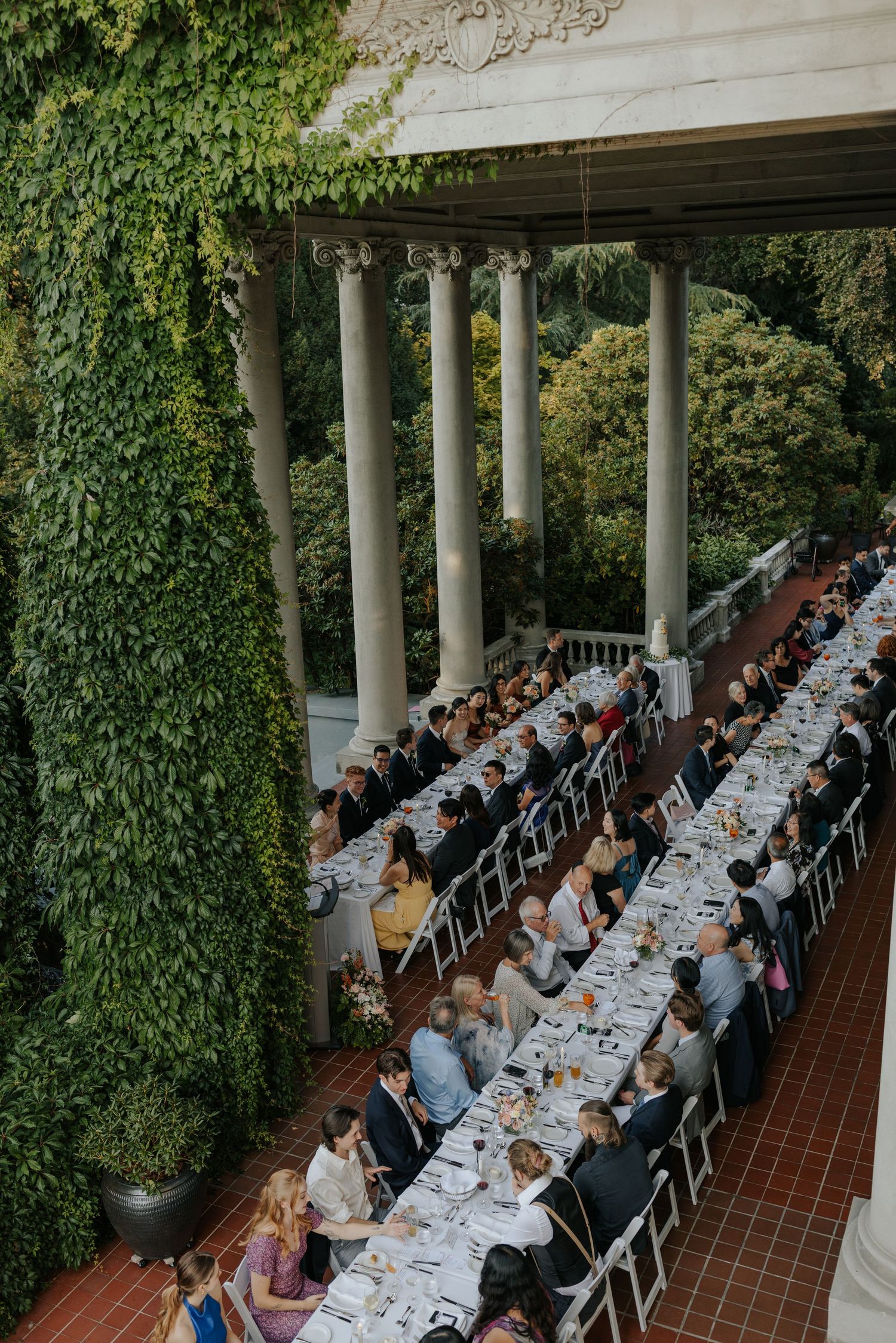 Wedding guests seated at elegant long tables under a vine-covered terrace during an outdoor reception dinner.
