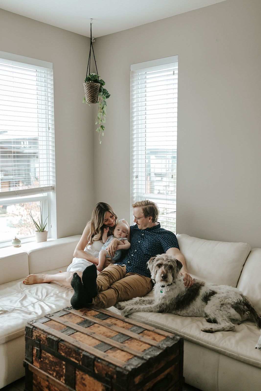 Family relaxing on white couch with dog by bright windows in living room.