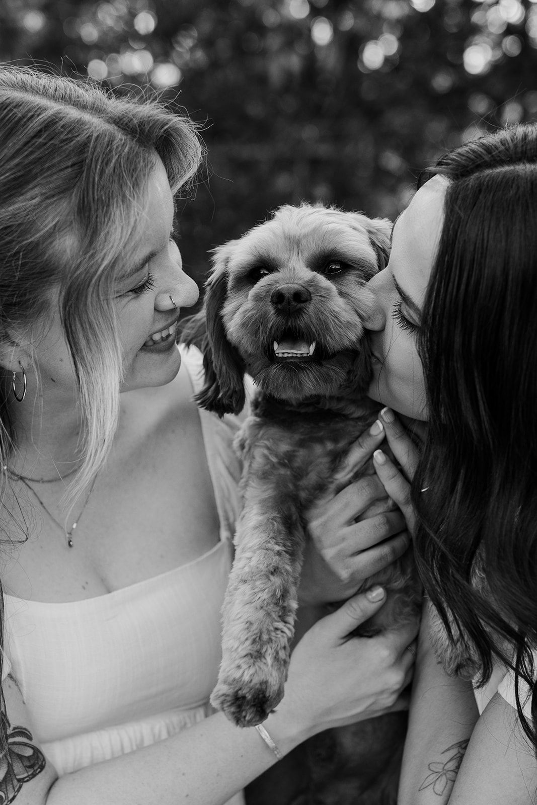 A small dog is held up and kissed in a series of black and white photos with bokeh lighting effects.
