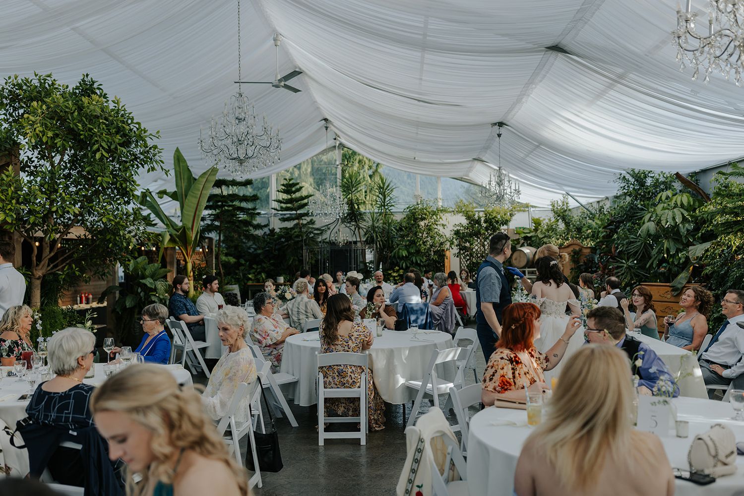 Large white tent reception setup with tables and chairs for wedding celebration.