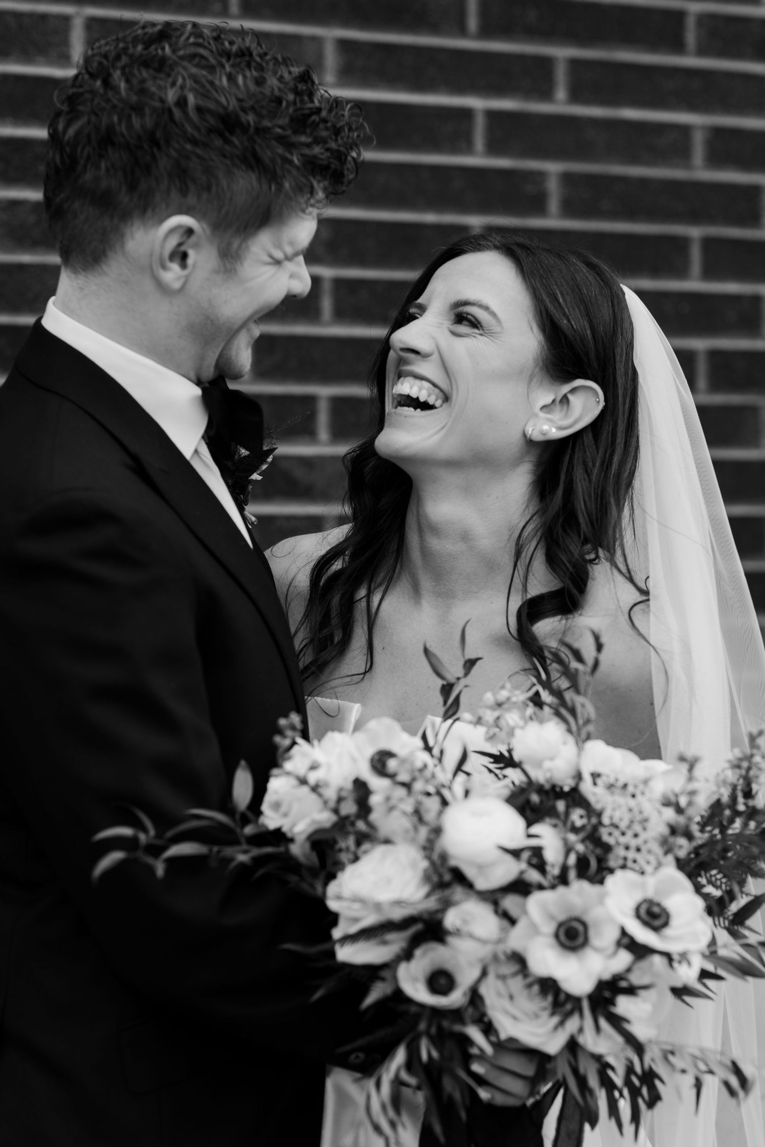 Black and white wedding photo sequence showing intimate moments between newlyweds with a beautiful floral bouquet.