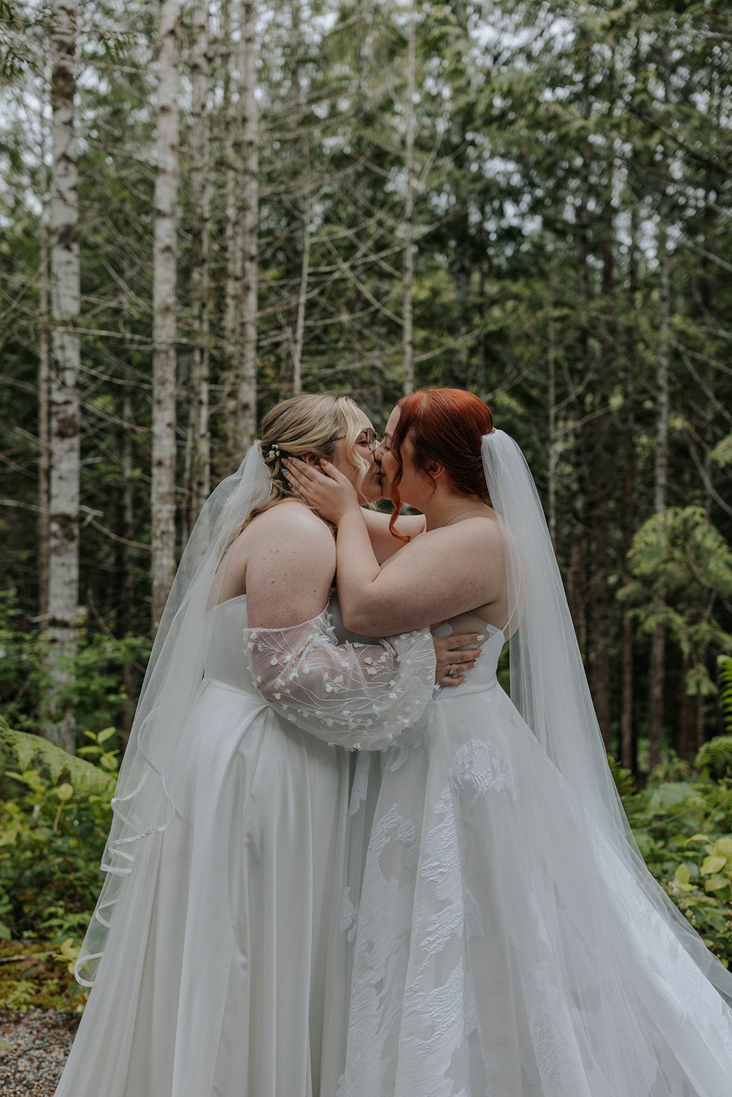 Romantic forest wedding photo sequence showing two brides in flowing white gowns sharing intimate moments.