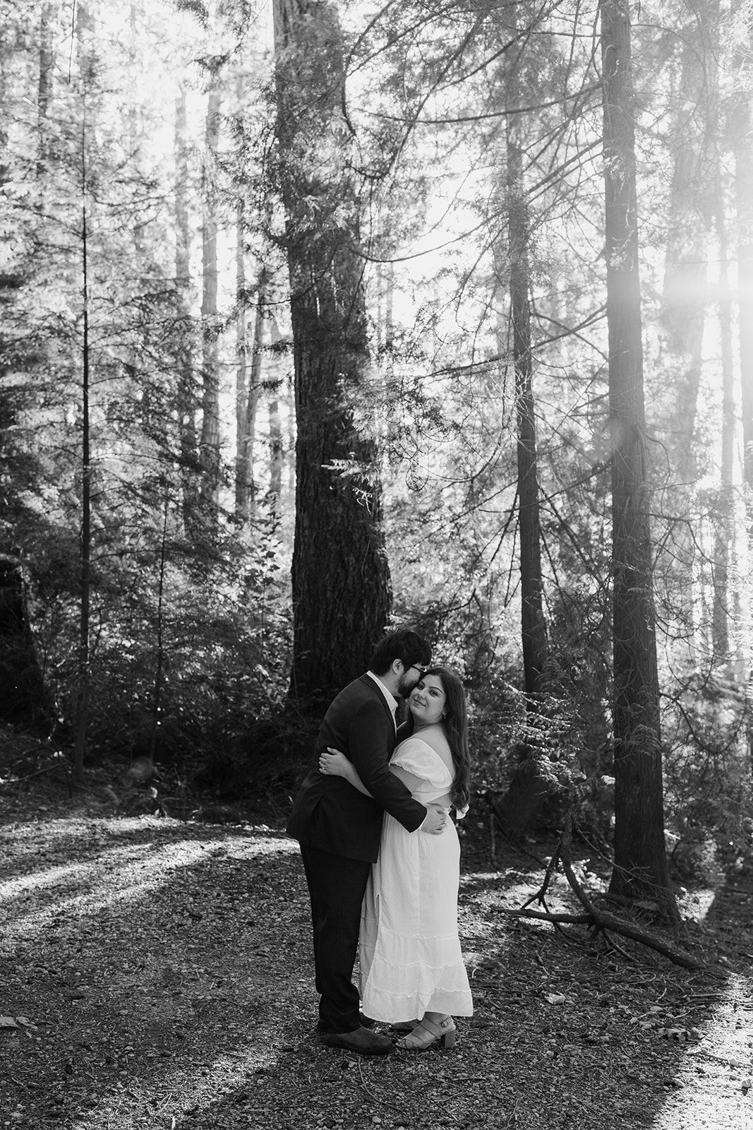 A romantic forest photoshoot with sunlight streaming through tall trees in black and white.