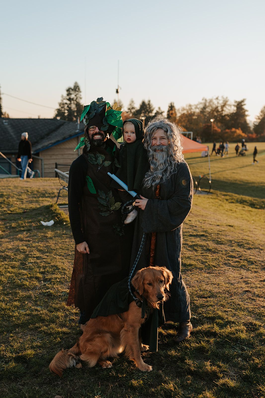 Group walking dog in park during golden hour sunset.