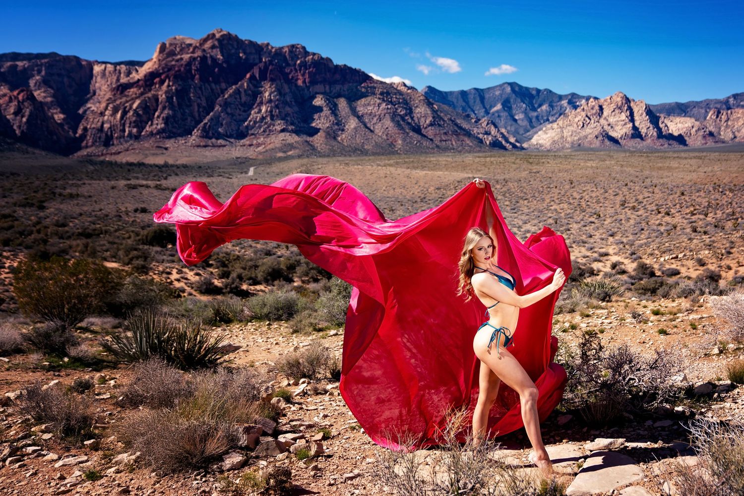 Blonde woman in white swimsuit holding flowing red fabric in desert landscape with Red Rock Canyon mountains behind her.