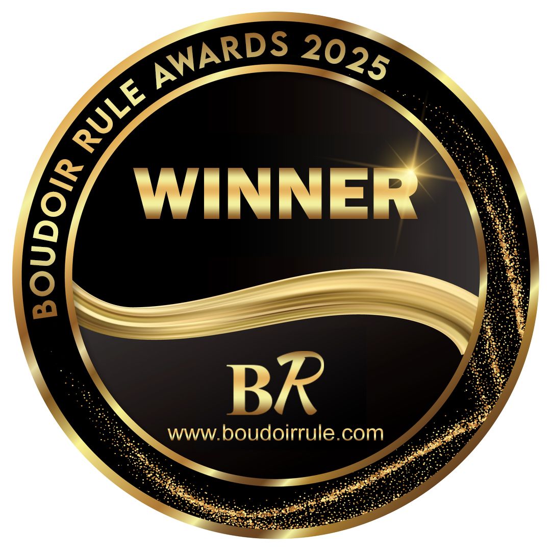Elegant black and gold award badges with WINNER text, arranged horizontally in a showcase display.