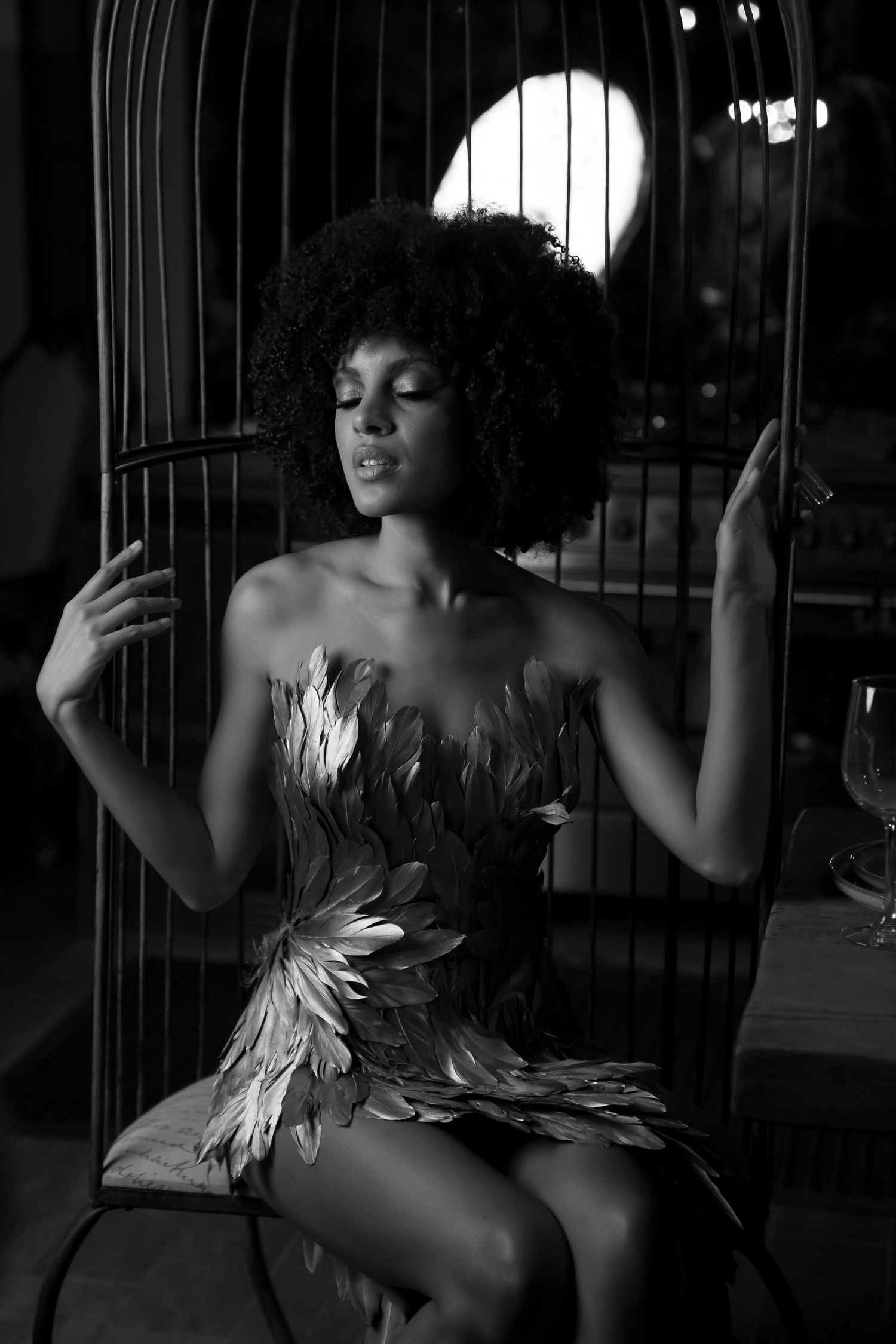 Black and white photo of a woman in a feather dress sitting inside a large decorative birdcage with dramatic lighting.