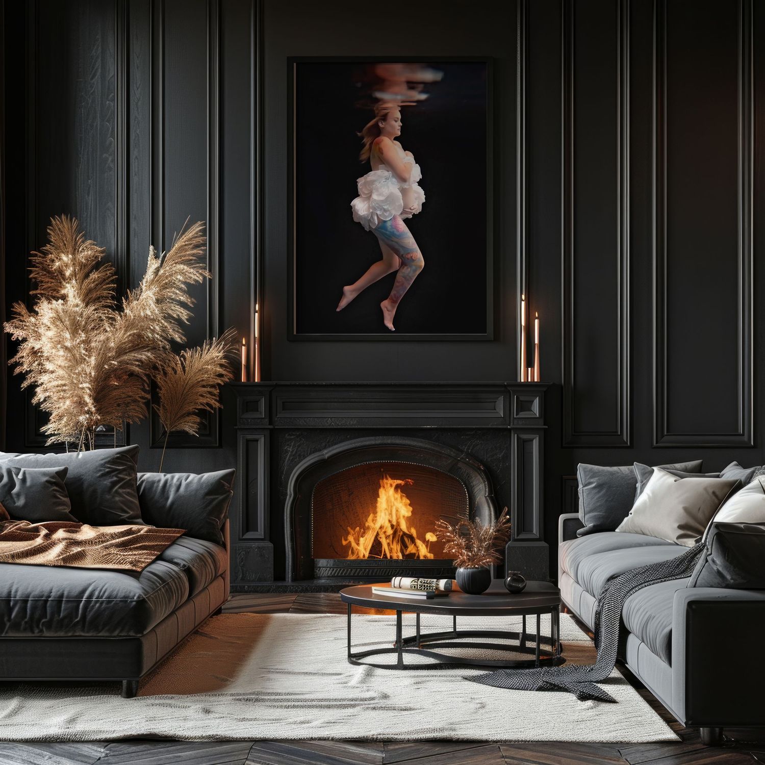 Dark modern living room with black paneled walls, grey sofas and a cozy fireplace creating moody ambiance.